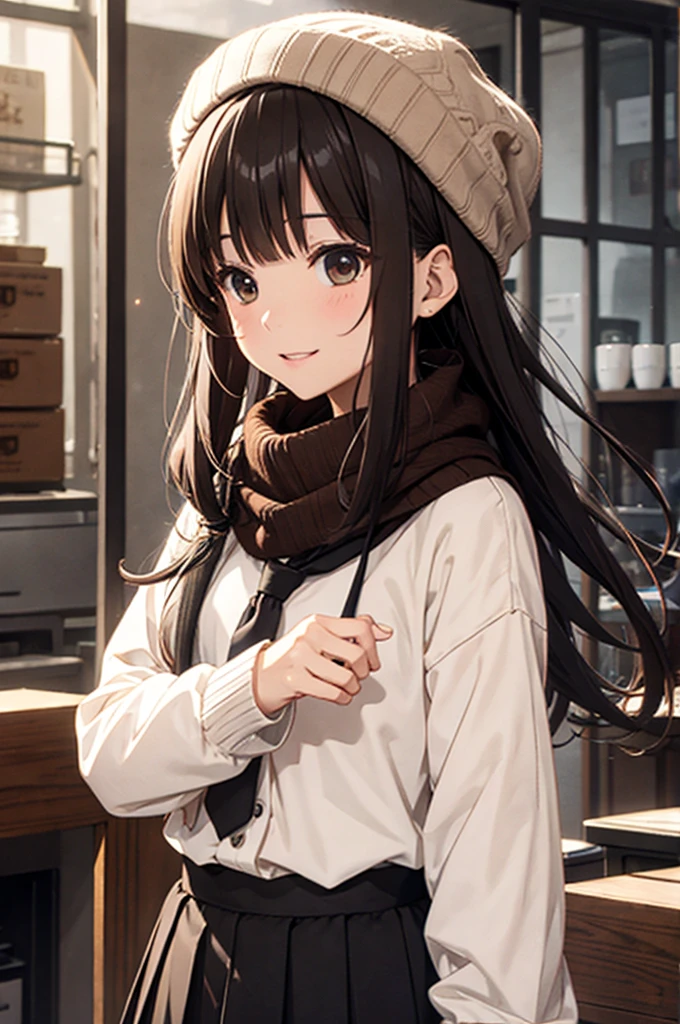  1 girl, 秋の紅leaf, bangs,  black headwear, Blurred Background, ,  Brown Eyes , Brown Hair, brown scarf, brown skirt,  cardigan, coffee,  cowboy shot, cup, disposable cup, [drink, 落ちleaf, Beanie, holding, holding [drink, leaf, Long Hair,  Long Sleeve ,  staring at viewers , open  cardigan,  opens her mouth, Check pattern, Check pattern skirt, puffy  Long Sleeve , red sweater, scarf, shirt, shirt tucked in,  side lock, skirt, smile, Alone, sweater, white shirt,  very detailed, Complex, masterpiece, Absurd
