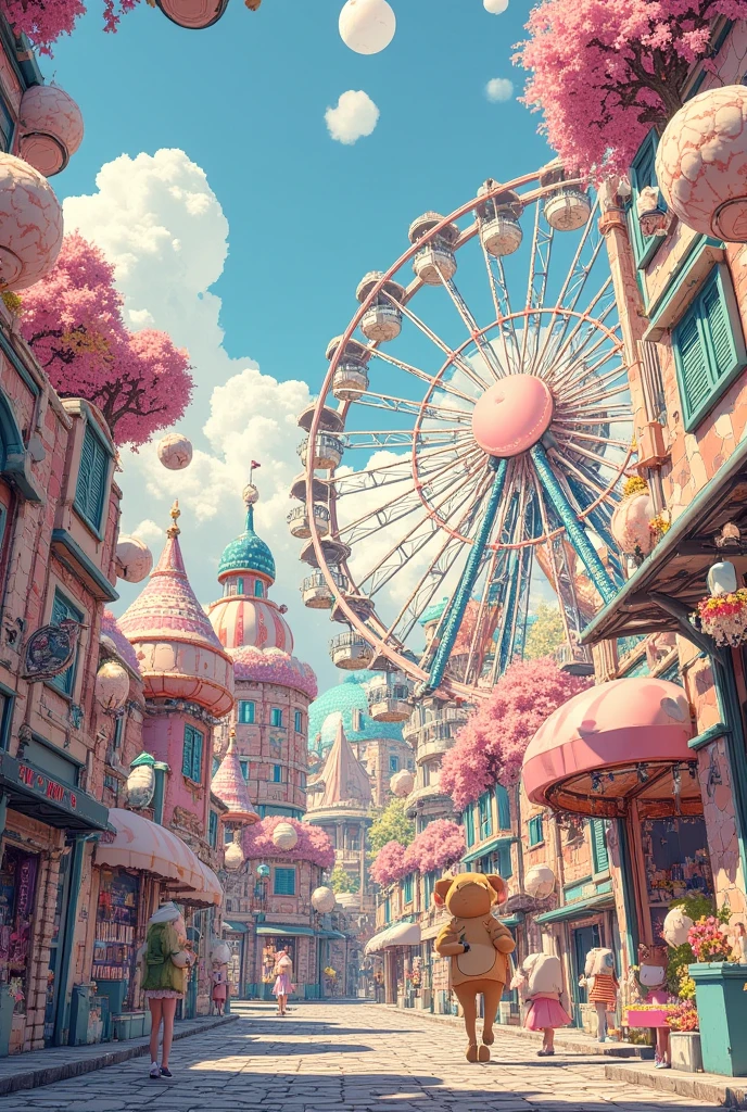 fantasy amusement park, huge ferris wheel, merry-go-round, Charlie and the Chocolate Factory-like atmosphere, fluffy and round buildings and attractions, a world of sweets, a world of dreams, pastel colors, a warm atmosphere, a gentle atmosphere, various effects, delicate and dynamic textures, contrasts of light and shadow, BREAK ultra detailed, absolutely resolution, best quality
