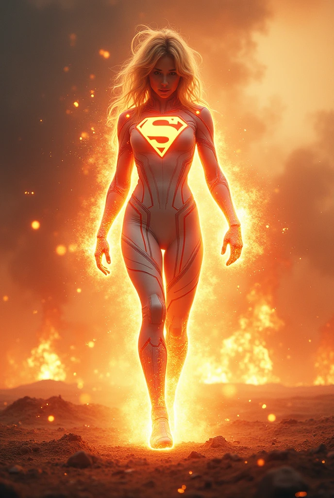 Photorealistic with realistic details, Amazing CGI effects. Superman, a tech-crazed female superhero in a cool white outfit with glowing red stripes, is ready to destroy the darkness and fight in style. His body has a glowing golden aura around it, swirling like a supernova. The ground cracks, causing high vibrations, dust and debris fly from the increased power, aura and debris fly above the ground and backgrounds, scary explosion light motion effects.