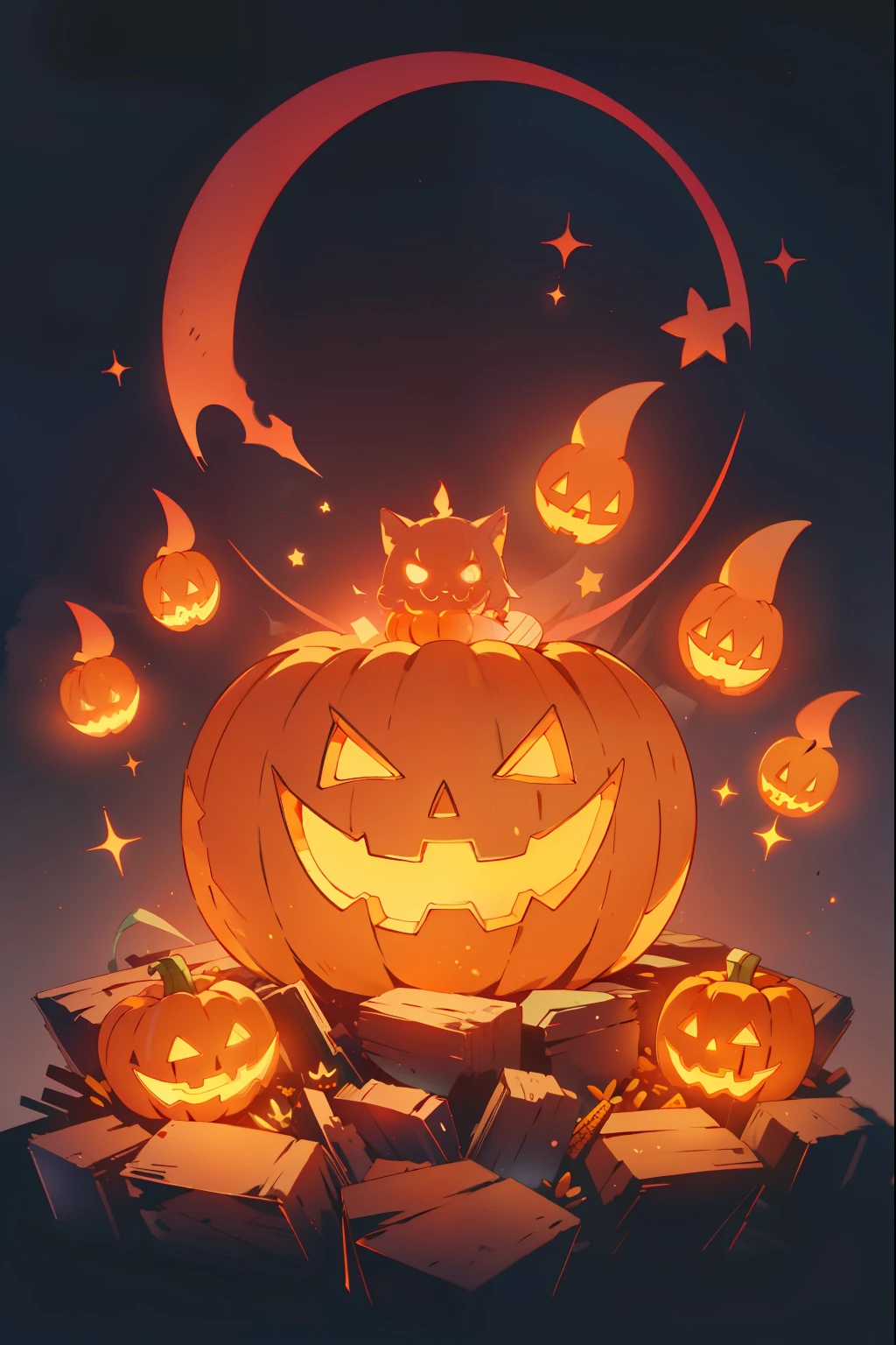 A scary , But charming ghost , sitting on a pile of corn candy, surrounded by glowing jack-o-lanterns