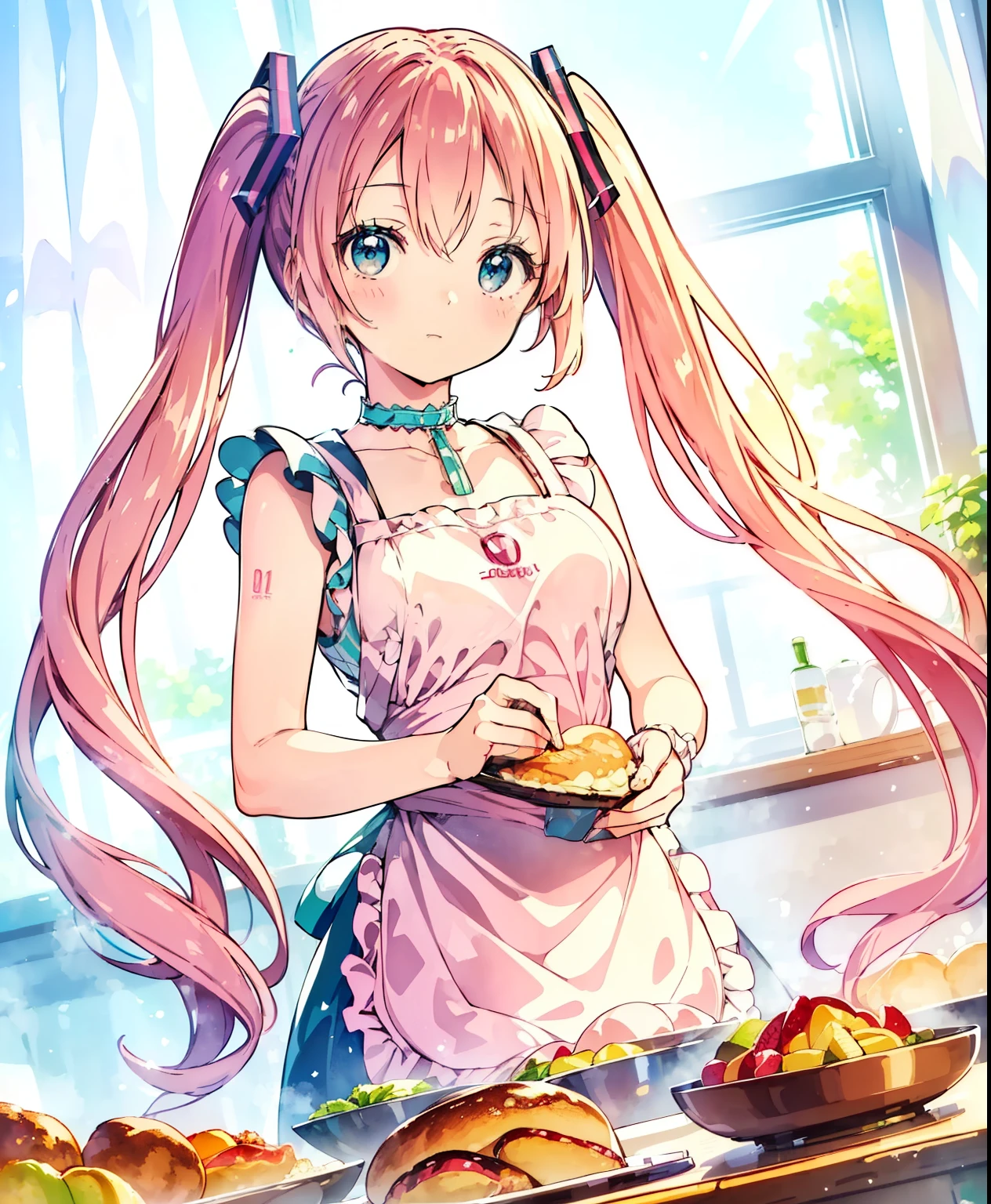 (masterpiece、Best Quality、Best Quality、Official Art、Beautiful and beautiful:1.2)、(One person:1.3) Hatsune Miku、 twin tails,Beautiful breasts,kitchen、Cooking,Beautiful breasts,Cute Apron、Adorable young girl , Delicate animated illustration , WATCH VIEWERS , Soft and smooth lighting, soft pastel colors, 120mm lens
