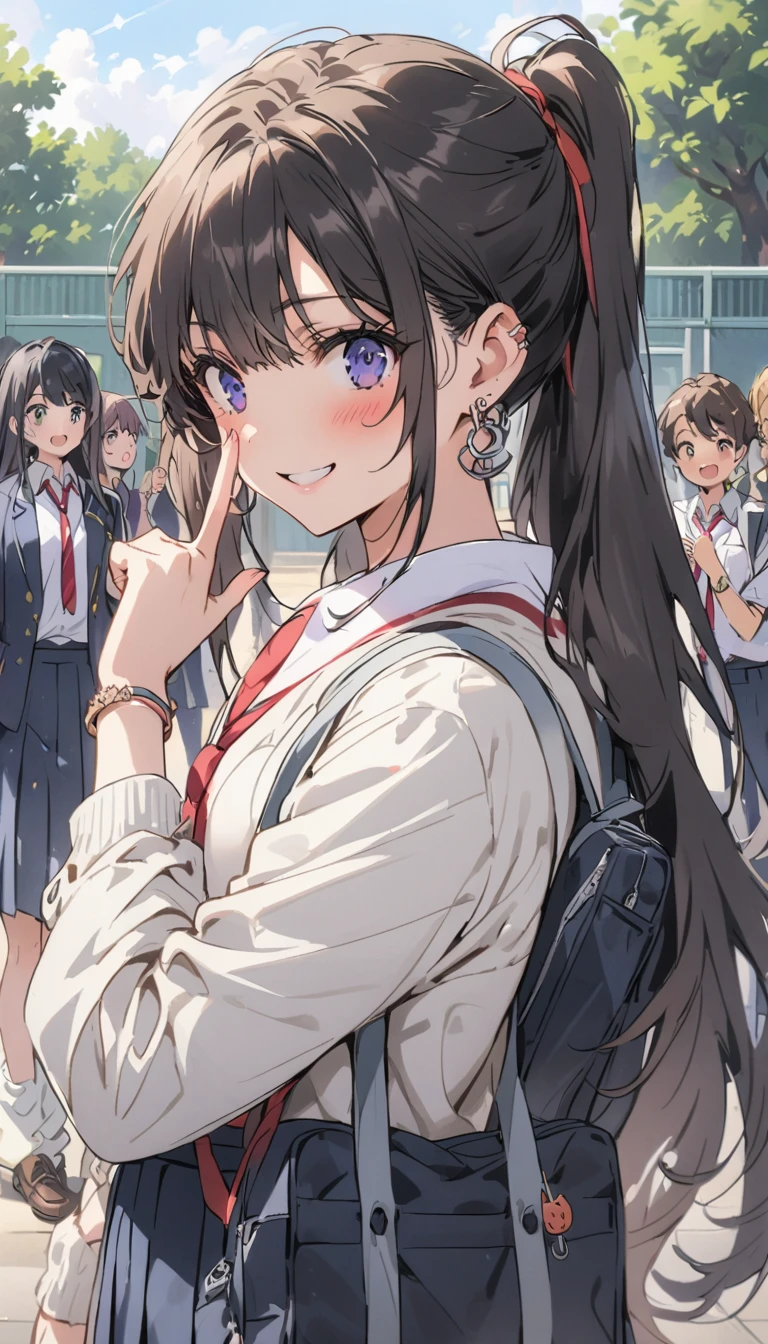 Beauty、 ponytail、smile、Embarrassed、blush、uniform、 shirt 、 loose socks、Roll up your sleeves、stand、 student bag、 bracelet、Earrings、 peace sign、Place your hands on your hips、School、Schoolyard