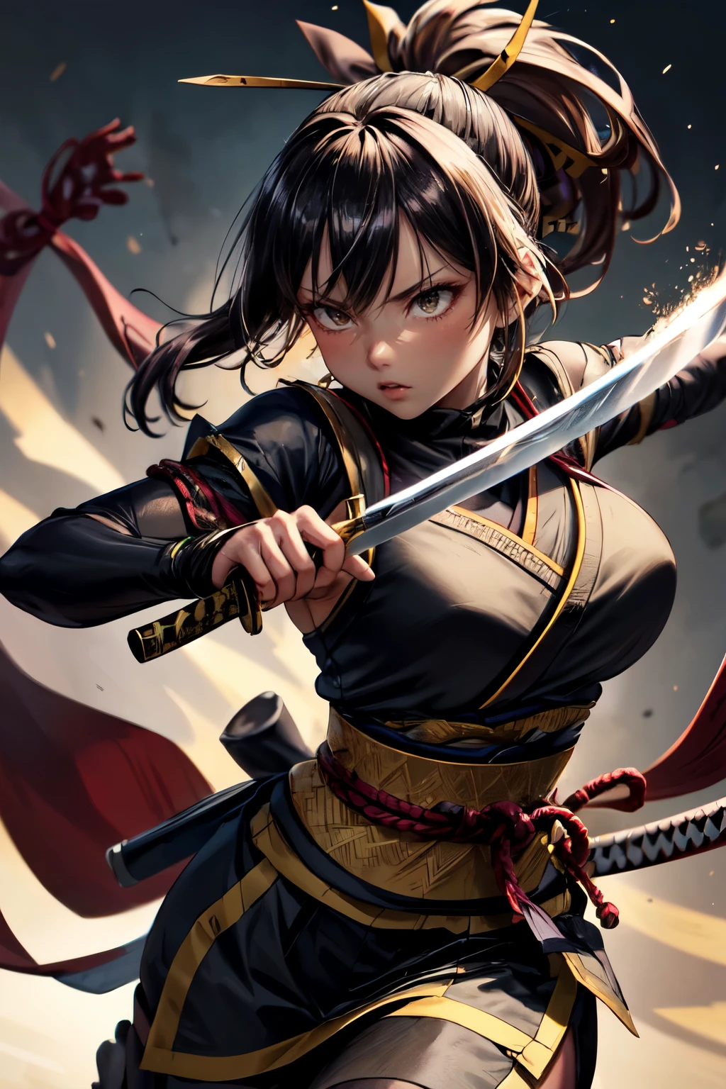 One girl, samurai,Japanese sword,anime,Anatomically correct, A series of character actions, ninja,ponytail, masterpiece, Textured skin, Action Painting, Heavy makeup, Brown Skin,Perfect Face,Perfect Eyes,Hairbands,Overpowering the enemy,Glowing Sword,Powerful Blow,