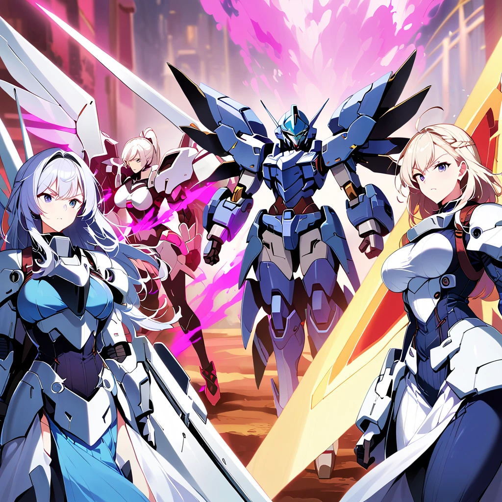 Anime, high detailed, multiple womans, mature womans, mecha armor, large mechanical wings, large Gauntlet, serious, curvy body, long mechanical wings, mecha weapons、Colored armors、magenta Colored aura、BLUE Eyes, elongated pupils,  Mature Woman、magenta aura、womans surrounding, background the sideral space 