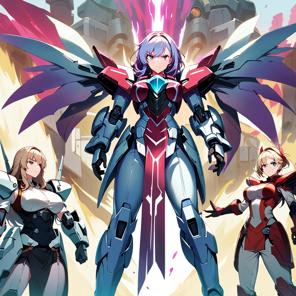 Anime, high detailed, multiple womans, mature womans, mecha armor, large mechanical wings, large Gauntlet, serious, curvy body, long mechanical wings, mecha weapons、Colored armors、magenta Colored aura、BLUE Eyes, elongated pupils,  Mature Woman、magenta aura、womans surrounding, background the sideral space 