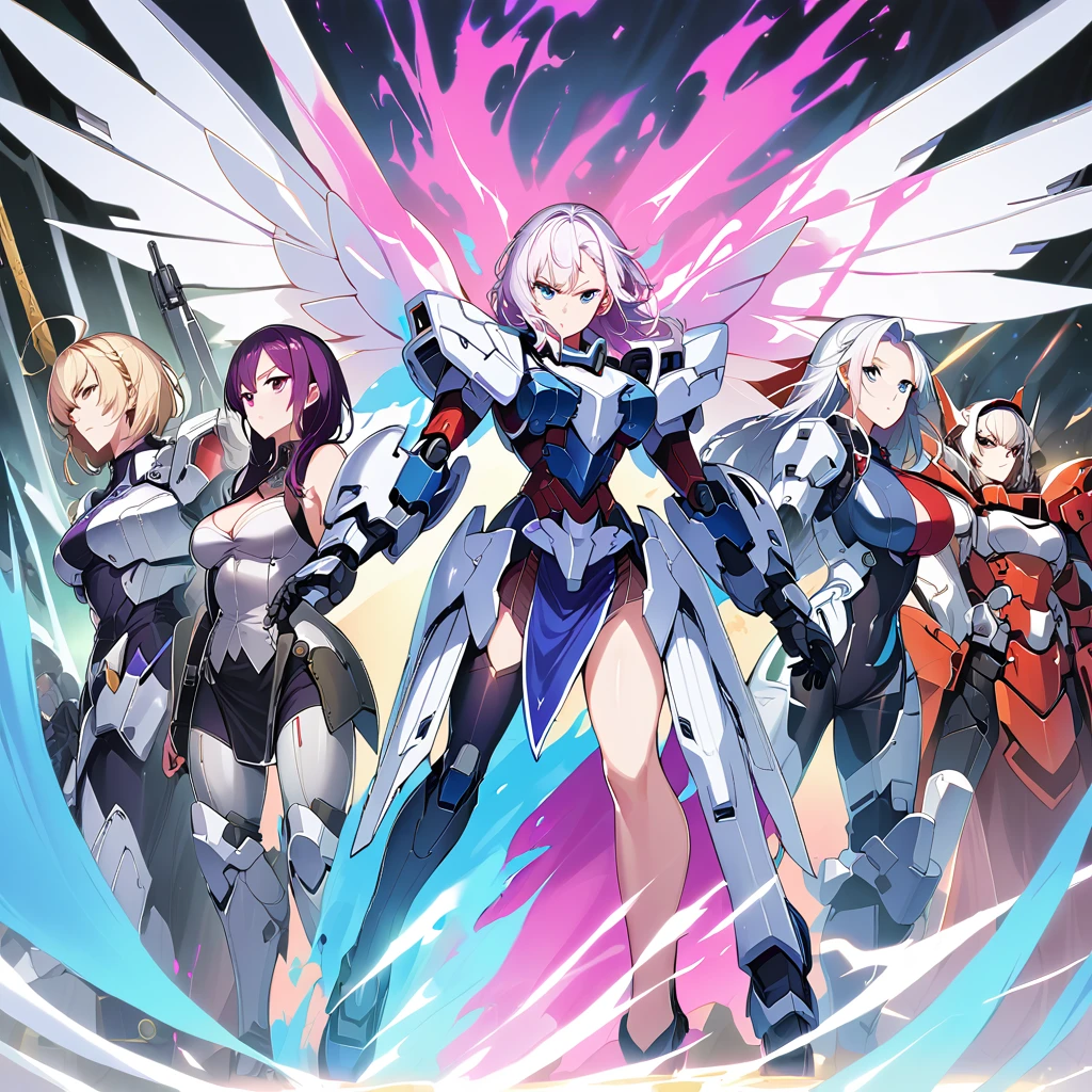 Anime, high detailed, multiple womans, mature womans, mecha armor, large mechanical wings, large Gauntlet, serious, curvy body, long mechanical wings, mecha weapons、Colored armors、magenta Colored aura、BLUE Eyes, elongated pupils,  Mature Woman、magenta aura、womans surrounding, background the sideral space 