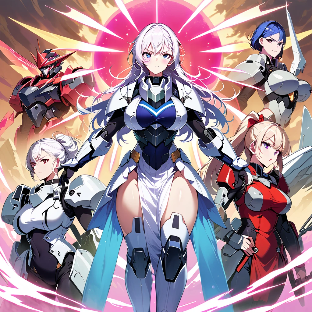 Anime, high detailed, multiple womans, mature womans, mecha armor, large mechanical wings, large Gauntlet, serious, curvy body, long mechanical wings, mecha weapons、Colored armors、magenta Colored aura、BLUE Eyes, elongated pupils,  Mature Woman、magenta aura、womans surrounding, background the sideral space 