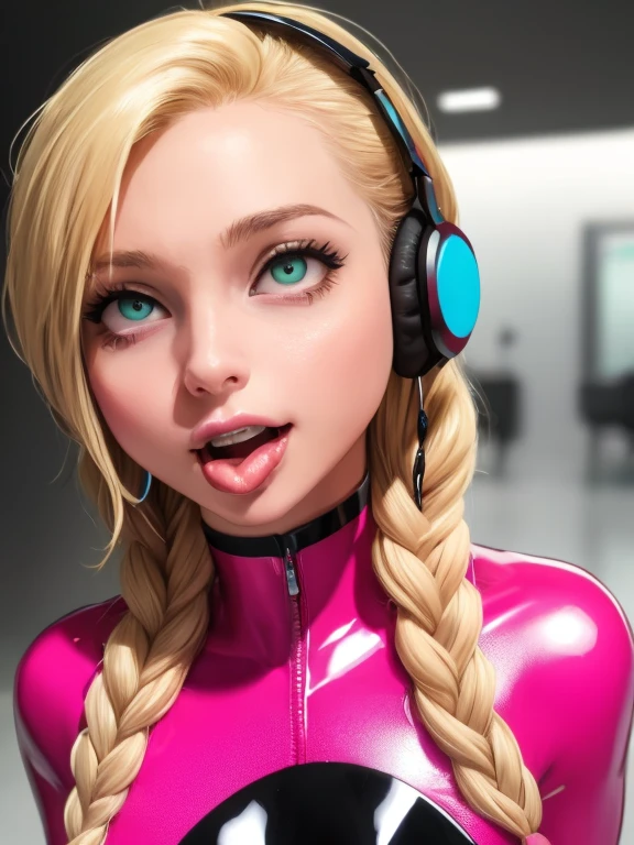 ((Beautiful face))), (((masterpiece face))), blonde hair, long braids, long hair, hair falling down back of neck, big tits, massive tits, even bigger , hoop earrings, big thighs, massive thighs, tiny waist, small waist, (((circumaural headphones on covering ears))), brainwash, mind control, hypnosis, tech control, hypnosis spirals, spirals, (((hypnotic spiral on circumaural headphones))), open mouth, tongue out, mouth gaping, tongue lolling out mouth, glowing circumaural headphones, kneeling, (((pink latex))), palms on ground, cyber room, modern club room, sci-fi room, choker, choker with a numbered collar, barcode on clothes,(((pink latex suit))), close up on face, head tilted upwards, chin tilted upwards, ahegao, woman with edgOrgasm_face, dmarci