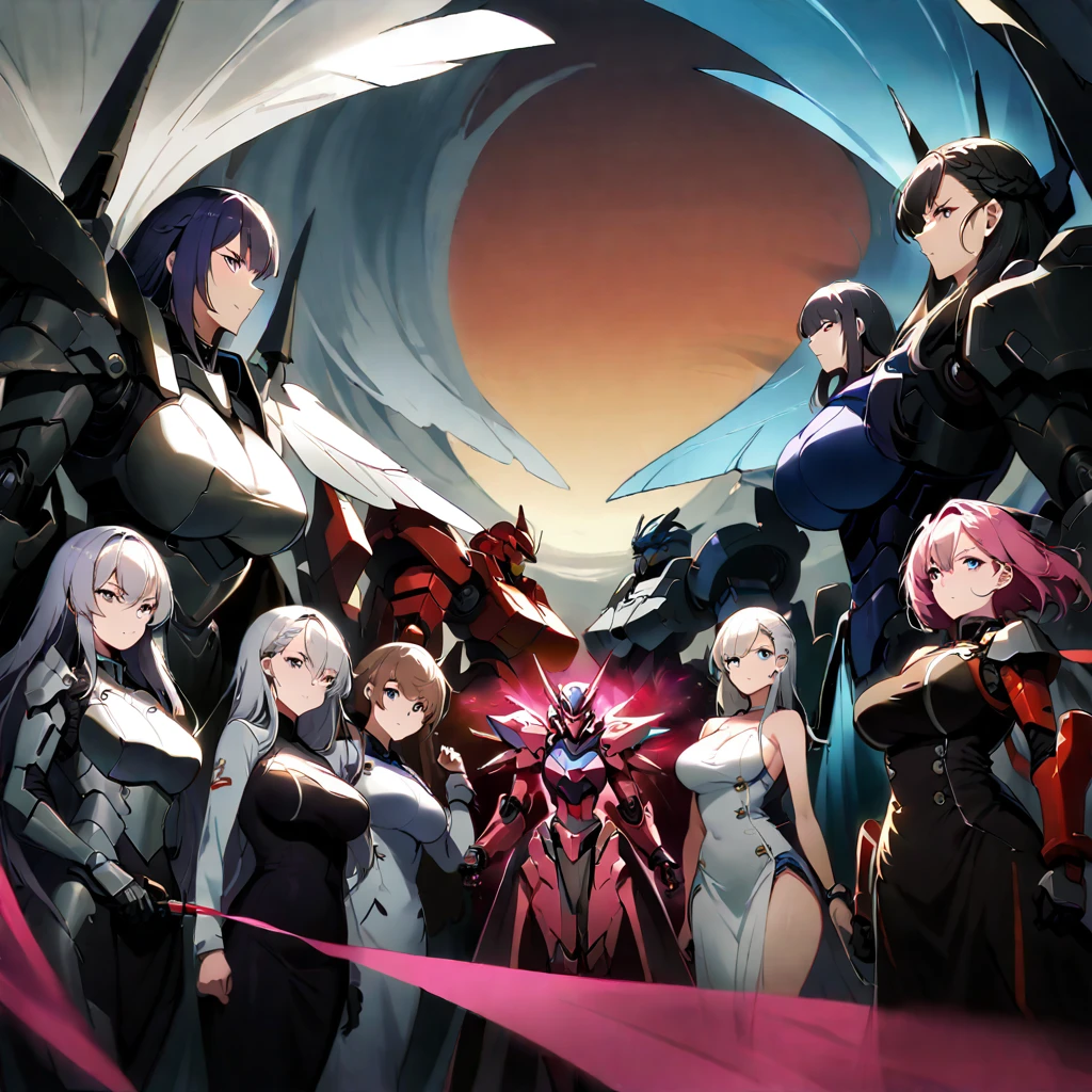 Anime, high detailed, multiple womans, mature womans, mecha armor, large mechanical wings, large Gauntlet, serious, curvy body, long mechanical wings, mecha weapons、Colored armors、magenta Colored aura、BLUE Eyes, elongated pupils,  Mature Woman、magenta aura、womans surrounding, background the sideral space 