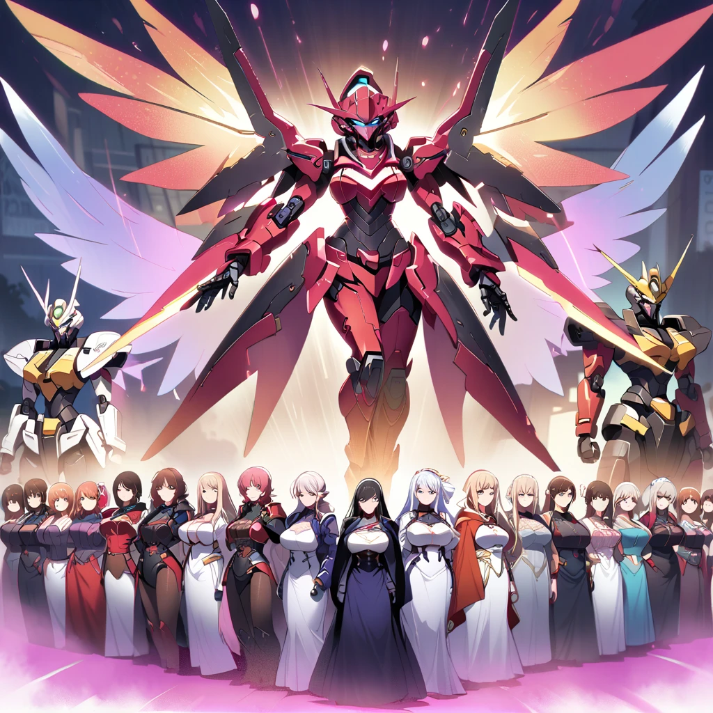 Anime, high detailed, multiple womans, mature womans, mecha armor, large mechanical wings, large Gauntlet, serious, curvy body, long mechanical wings, mecha weapons、Colored armors、magenta Colored aura、BLUE Eyes, elongated pupils,  Mature Woman、magenta aura、womans surrounding, background the sideral space 