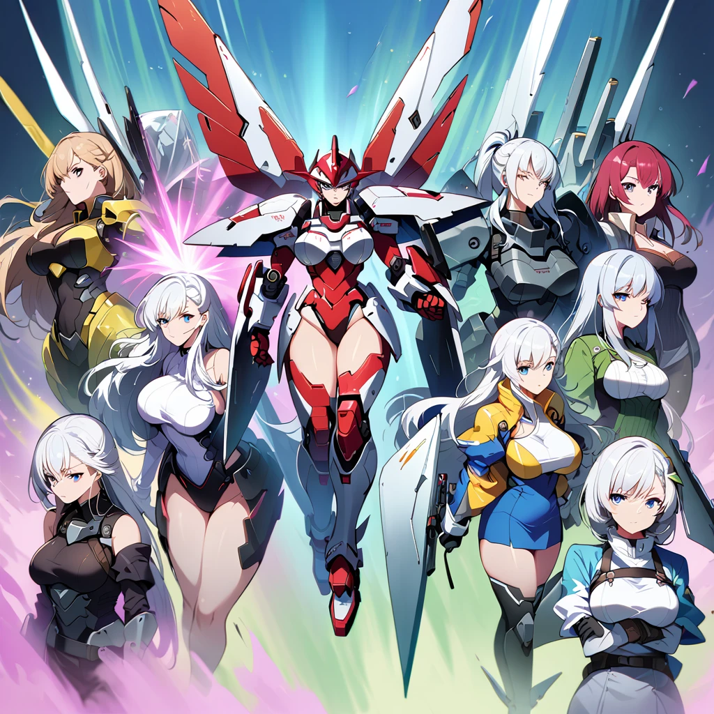 Anime, high detailed, multiple womans, mature womans, mecha armor, large mechanical wings, large Gauntlet, serious, curvy body, long mechanical wings, mecha weapons、Colored armors、magenta Colored aura、BLUE Eyes, elongated pupils,  Mature Woman、magenta aura、womans surrounding, background the sideral space 