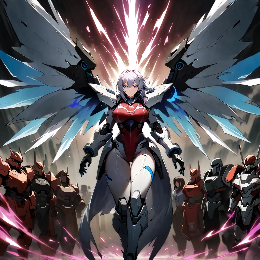 Anime, high detailed, multiple womans, mature womans, mecha armor, large mechanical wings, large Gauntlet, serious, curvy body, long mechanical wings, mecha weapons、Colored armors、magenta Colored aura、BLUE Eyes, elongated pupils,  Mature Woman、magenta aura、womans surrounding, background the sideral space 