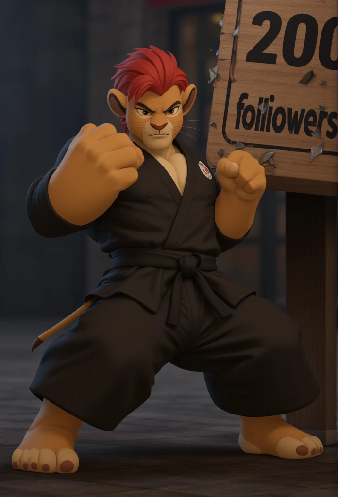 (((Barefoot furry character, full body, cinematic setting, furry boy, anthro lion, plantigrade))), (((anime))). beefy, muscular (((Kion))), (((younger Kion wearing black karate kimono))), focused, determined, perform powerful karate punch with his hand, ((nice detailed feet paws with claws))), (((four toes))), short red hair, red tip of a tail, (((correct anatomy))) (((smashes a wooden sign that says "200 followers"))), (((punches wooden plaque with the inscription "200 followers"))), hand strike. ((("200 followers" wooden sign))) BREAK, intricate details, highly detailed, extreme detail, octane render, fine art, best quality, highres, (detailed face:1.5), ((full_body)), UHD, (((perfect hands))), ((low light:1.5))