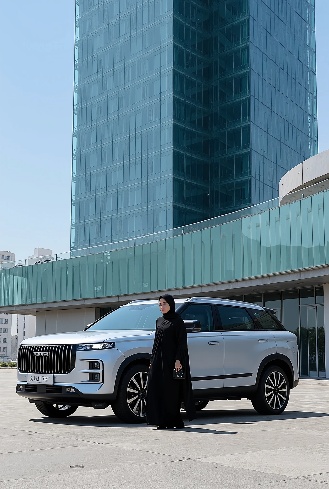 a photo-realistic of a sleek, modern JAECOOJ7 SUV parked in front of a huge building made of glass and an Arab-looking young woman standing beside the car in a fashion way wearing a black abaya