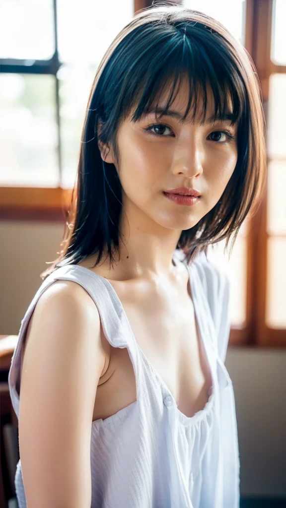  high resolution photo of young Japanese woman ,   Masterpiece ,  great quality,  complex details,  very detailed,   Professional Writing  , electronic flash , ( sharp concentration), Alone,  1 girl , luxury hotel room sitting on a chair by the window, Gravure photoshoot pose, (Completely naked,  The , Looking Back,  facing each other viewers,  view from behind,  face focus,  back view:1.4), 細身の体,  white skin,  detailed face ,  detail eyes ,   sophisticated nose  , Obscene expression, ( ocean view through window ,  Magic Hour, sunset, evening:1.2), (  perfect hand,   perfect anatomy over a white blouse ,  Anatomically Correct), 