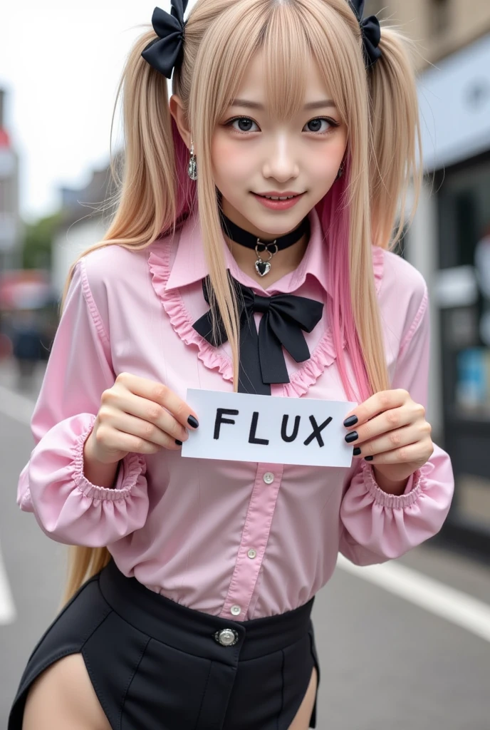 One girl, gal、makeup、portrait photo,（She smiles on the street and holds a sign that reads "FLUX".）、embarrassed、leaning forward、looking at viewer,(golden, pink hair, two-tone hair), long hair, two side up, black bow, Blue eyes, jirai kei, (cross-laced clothes, pink shirt, long sleeves, frilled sleeves), frill, black bowtie, black skirt, heart brooch, heart earrings, ring, nail polish, pink nails, black nails,black choker,best quality, masterpiece, photorealistic,