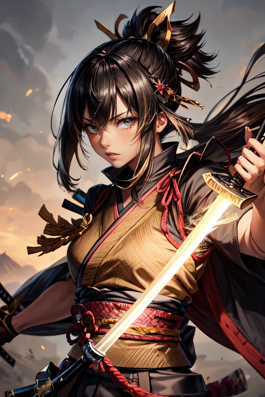 One girl, samurai,Japanese sword,anime,Anatomically correct, A series of character actions, ninja,ponytail, masterpiece, Textured skin, Action Painting, Heavy makeup, Brown Skin,Perfect Face,Perfect Eyes,Hairbands,Overpowering the enemy,Glowing Sword,Powerful Blow,