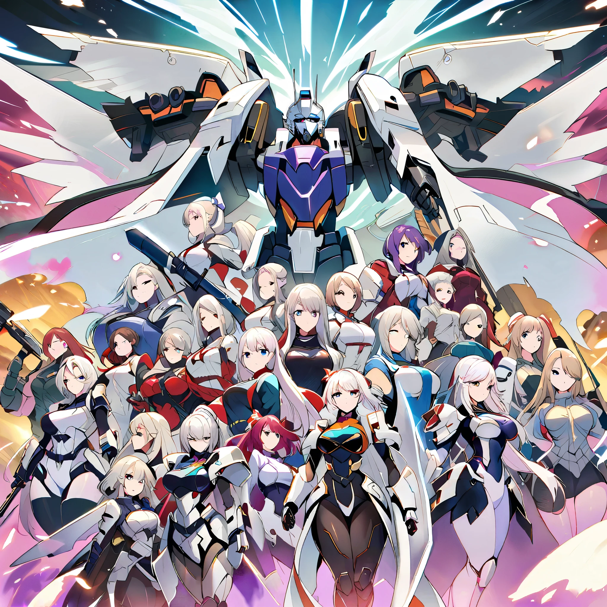 Anime, high detailed, multiple womans, mature womans, shiny-like mecha armor, large mechanical wings, large Gauntlet, serious, curvy body, long mechanical wings, mecha weapons、Colored armors、magenta Colored aura、BLUE Eyes, elongated pupils,  Mature Woman、magenta aura、womans surrounding, background a crumbled city