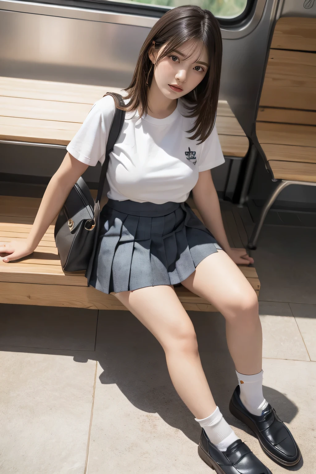 彼女は細身で痩せたスレンダーな日本の美女is。
Very small breasts、Small and flat chest、Small Ass、is。
 high school uniform 、 white blouse、 navy blue pleated skirt、She's wearing white lace panties 。
スカートの丈は膝上20センチメートルis。
She's standing outdoors 。

A punchy photo of a voyeur seal will be taken。

 The camera is placed on the floor and taken from directly below to vertically directly upward so that the skirt, butt, and white panties can be seen slightly from the heels of her feet。
I can't see my face 。
 Panching is filmed as if her panties and butt are peeking in from under her skirt 。