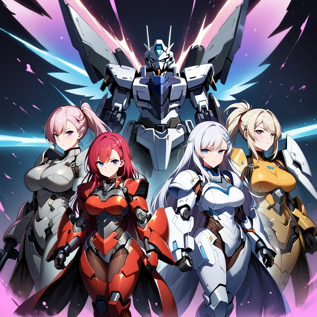 Anime, high detailed, multiple womans, mature womans, mecha armor, large mechanical wings, large Gauntlet, serious, curvy body, long mechanical wings, mecha weapons、Colored armors、magenta Colored aura、BLUE Eyes, elongated pupils,  Mature Woman、magenta aura、womans surrounding, background in the space 