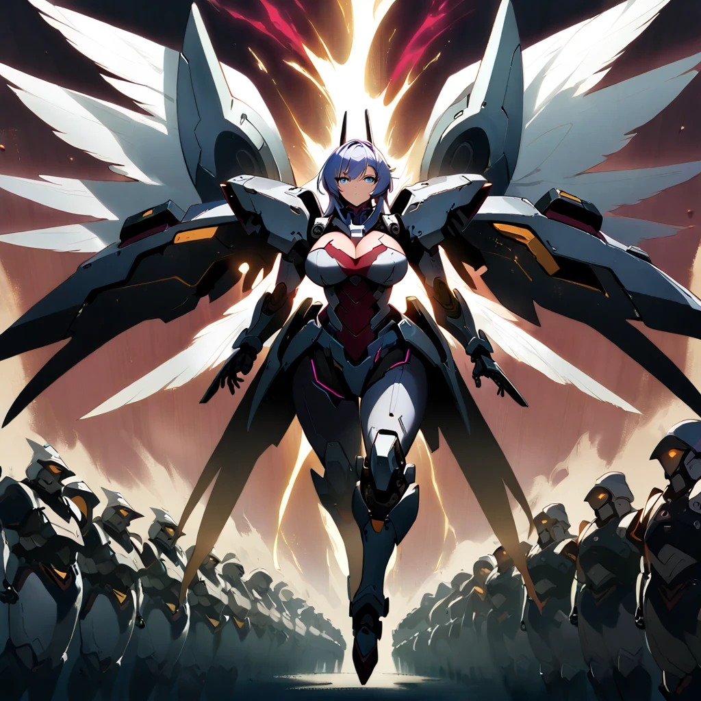 Anime, high detailed, multiple womans, mature womans, mecha armor, large mechanical wings, large Gauntlet, serious, curvy body, long mechanical wings, mecha weapons、Colored armors、magenta Colored aura、BLUE Eyes, elongated pupils,  Mature Woman、magenta aura、womans surrounding, background in the space 