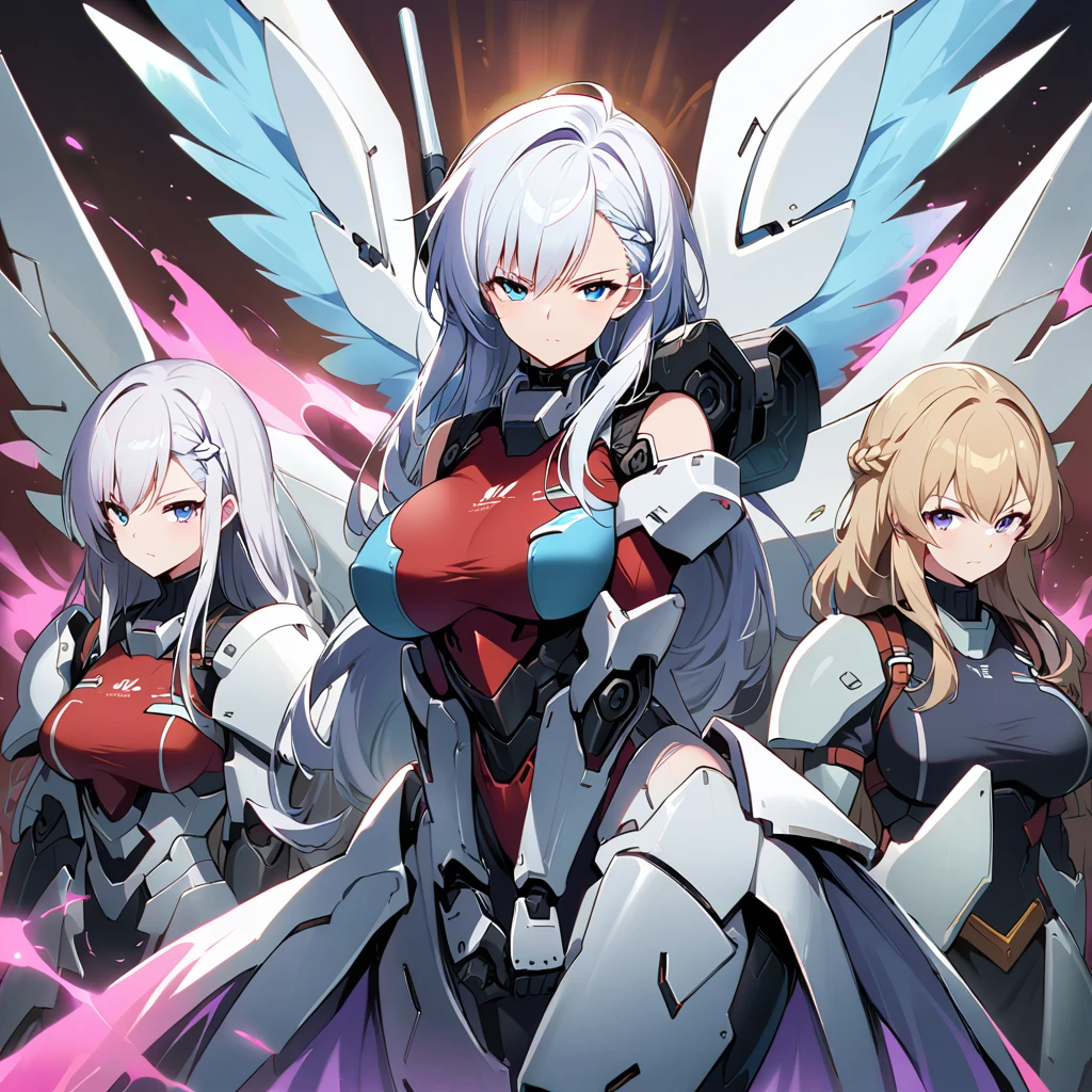 Anime, high detailed, multiple womans, mature womans, mecha armor, large mechanical wings, large Gauntlet, serious, curvy body, long mechanical wings, mecha weapons、Colored armors、magenta Colored aura、BLUE Eyes, elongated pupils,  Mature Woman、magenta aura、womans surrounding, background in the space 