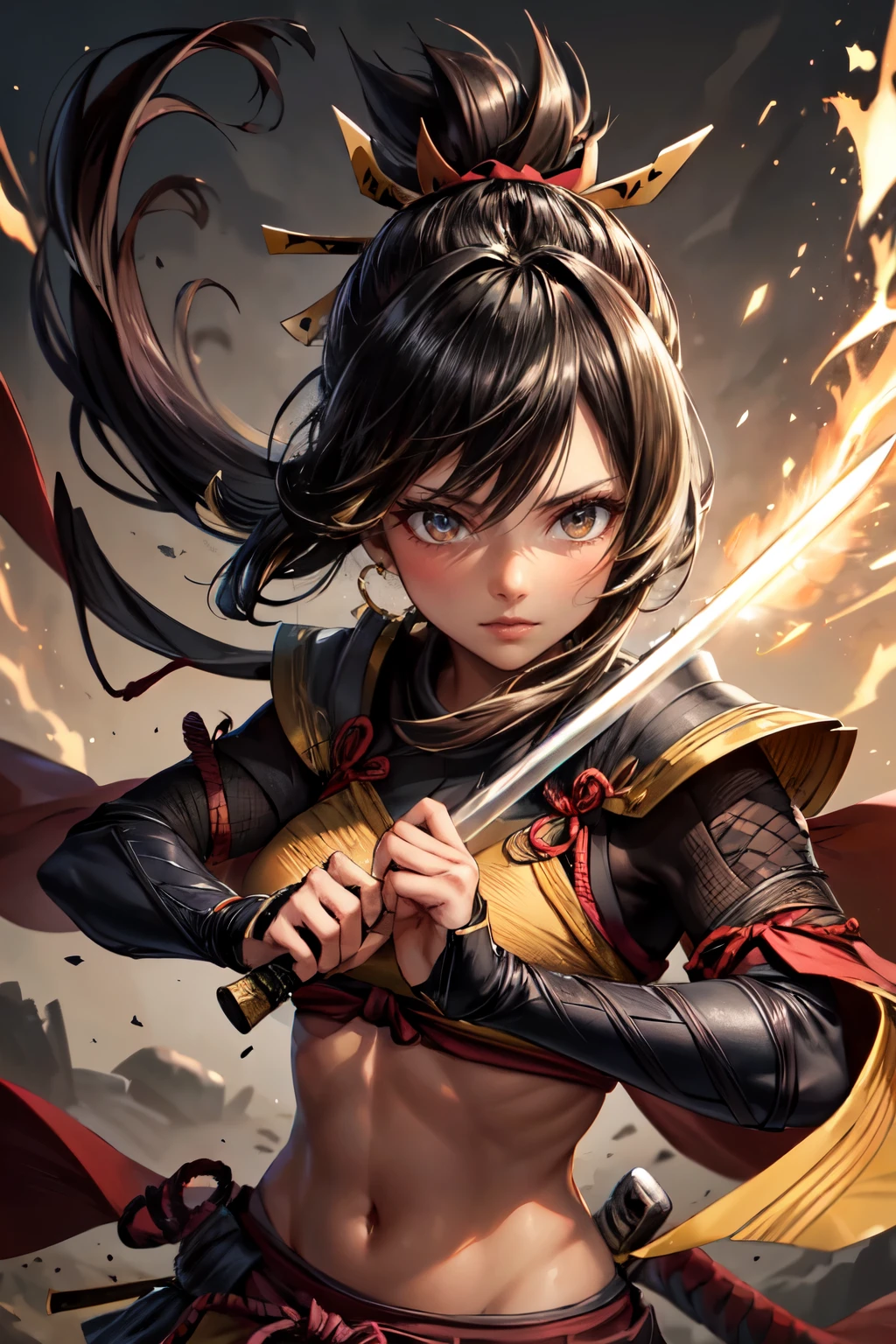 One girl, samurai,Japanese sword,anime,Anatomically correct, A series of character actions, ninja,ponytail, masterpiece, Textured skin, Action Painting, Heavy makeup, Brown Skin,Perfect Face,Perfect Eyes,Hairbands,Overpowering the enemy,Glowing Sword,Powerful Blow,