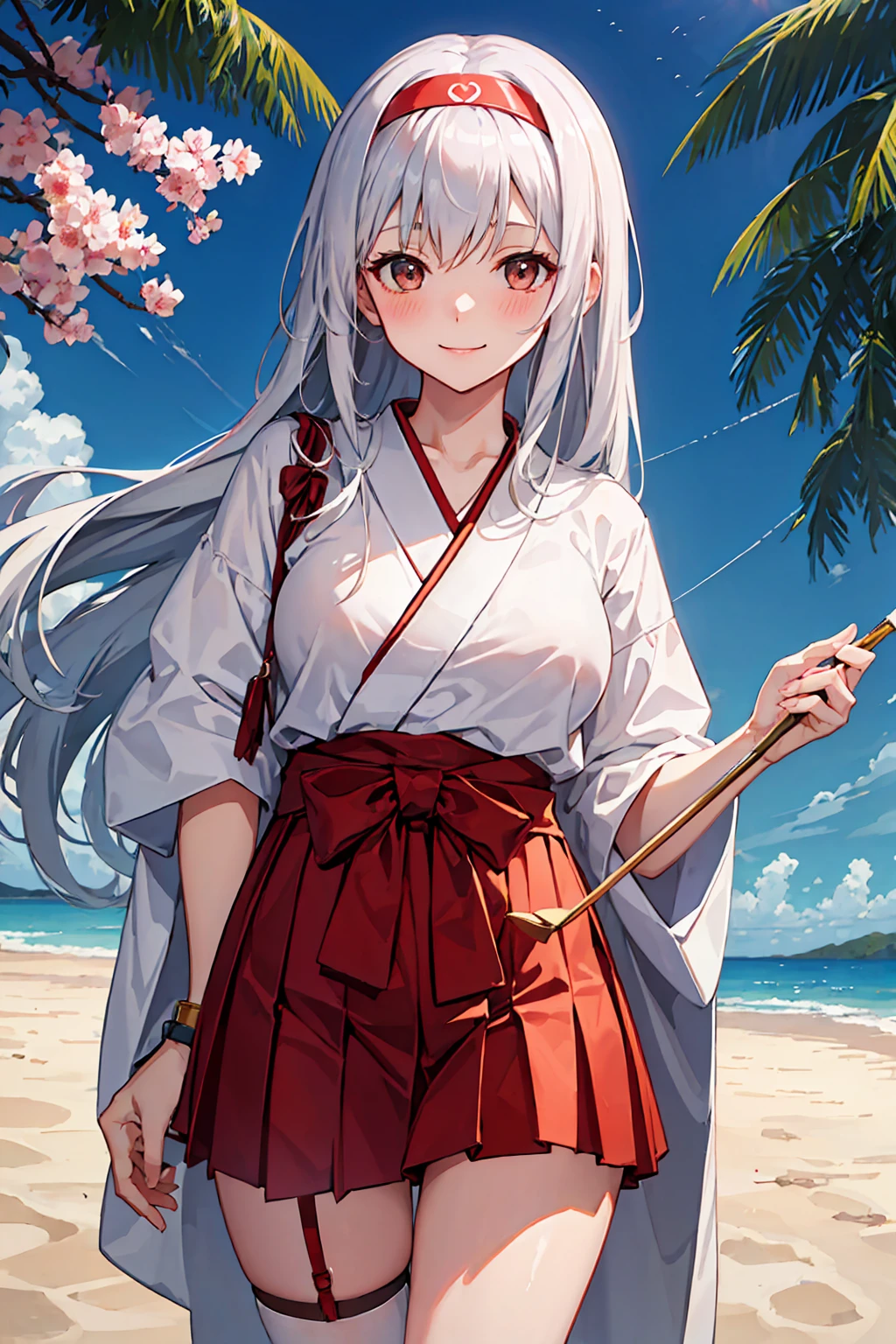 (NSFW)best quality, masterpiece, highres, solo, {shoukaku_kantaicollection:1.15}, long_hair, hairband, white_hair, brown_eyes, smile, headband, blush, muneate, 1girl, japanese_clothes, looking_at_viewer,White hakama, hakama_skirt, red_hakama, red_headband, skirt, upper_body, hakama_short_skirt, tasuki big bust  ( pink
Bura wet  transparent))