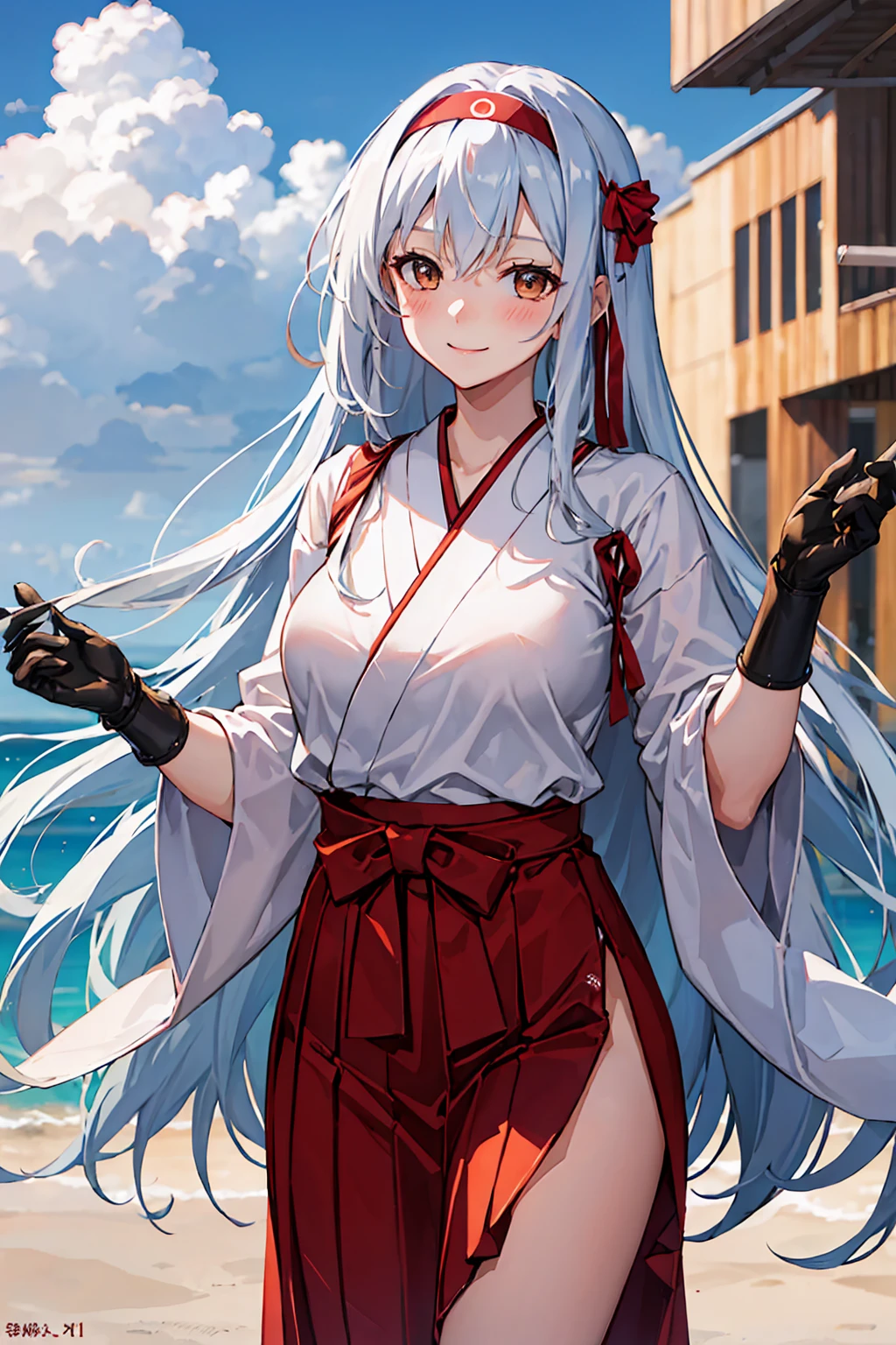 (NSFW)best quality, masterpiece, highres, solo, {shoukaku_kantaicollection:1.15}, long_hair, hairband, white_hair, brown_eyes, smile, headband, blush, muneate, 1girl, japanese_clothes, looking_at_viewer,White hakama, hakama_skirt, red_hakama, red_headband, skirt, upper_body, hakama_short_skirt, tasuki big bust  ( pink
Bura wet  transparent))