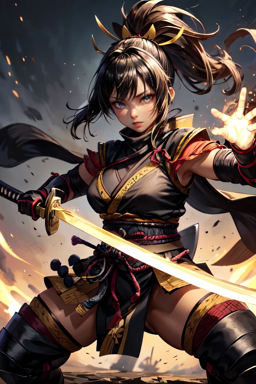 One girl, samurai,Japanese sword,anime,Anatomically correct, A series of character actions, ninja,ponytail, masterpiece, Textured skin, Action Painting, Heavy makeup, Brown Skin,Perfect Face,Perfect Eyes,Hairbands,Overpowering the enemy,Glowing Sword,Powerful Blow,