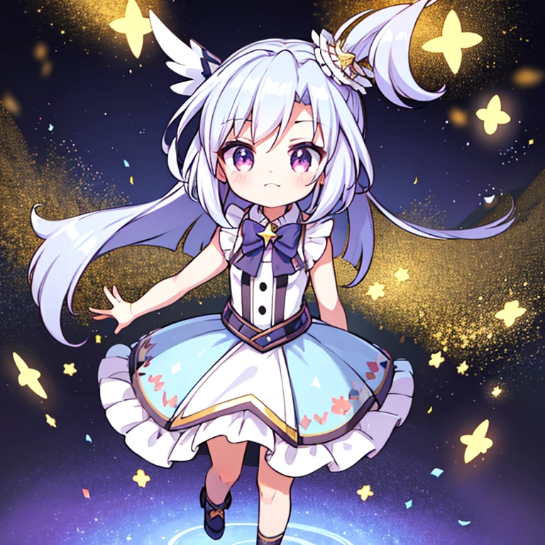  best quality , ( little character , Super Deformed , Full Body, Big Head:1.5, 3d),   beautiful white hair fluttering in the wind  ,  very detailed, Iridescent、 Cute Idol Girls with Glitter,  Confetti of Many Colors Pop Up ,  Silver Glitter Confetti , Glittering Gold Glitter Confetti , colorful,  Light Up , delicate, Flashy and dynamic depiction, Many Stars