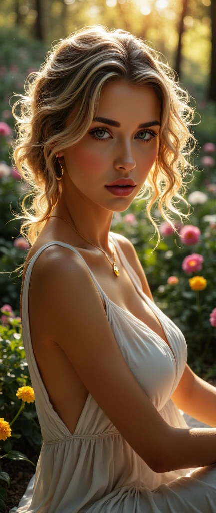 Foto hiperrealista en primer plano de arafed woman, gorgeouseyes, wavy blonde hair, high quality, beautiful details, rich details in a green forest, surrounded by beautiful flowers, beautiful lighting, high resolution, wearing a white dress, ((surrounded by beautiful flowers:1.1)), whimsical, intricate brush strokes, beautiful lighting, intricate details, Unreal Engine, creative, expressive, detailed, colorful, digital art, unique, (gorgeous sunset:1.3), suggestive pose