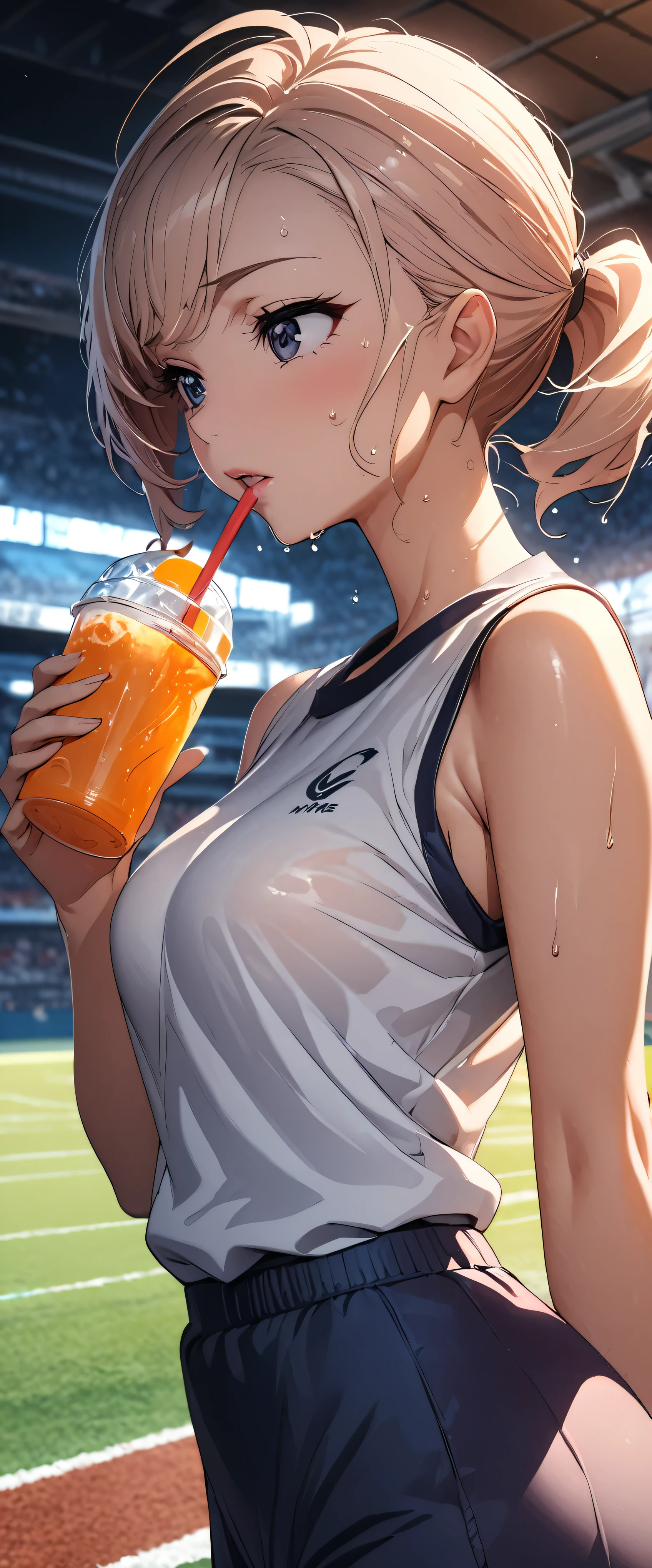 (((masterpiece)))、((Best Quality))、(Ultra-detailed)、(CG illustration)、(Very beautiful woman))、Cinematic Light、((1 Female))、 、(Beautiful and luxurious:1.2)、(One Woman:1.3)Sports Stadium,,((Japanese white sleeveless gym clothes),Wet with sweat,Beautiful ponytail,(Drink a sports drink),Glossy lips,