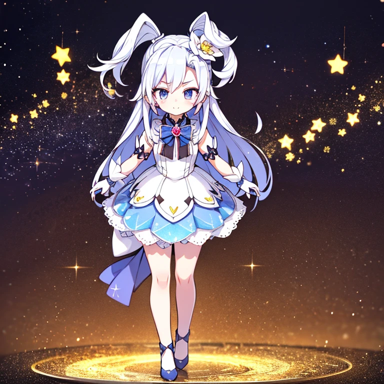  best quality , ( little character , Super Deformed , Full Body, Big Head:1.5, 3d),   beautiful white hair fluttering in the wind  ,  very detailed, Iridescent、 Cute Idol Girls with Glitter,  Confetti of Many Colors Pop Up ,  Silver Glitter Confetti , Glittering Gold Glitter Confetti , colorful,  Light Up , delicate, Flashy and dynamic depiction, Many Stars