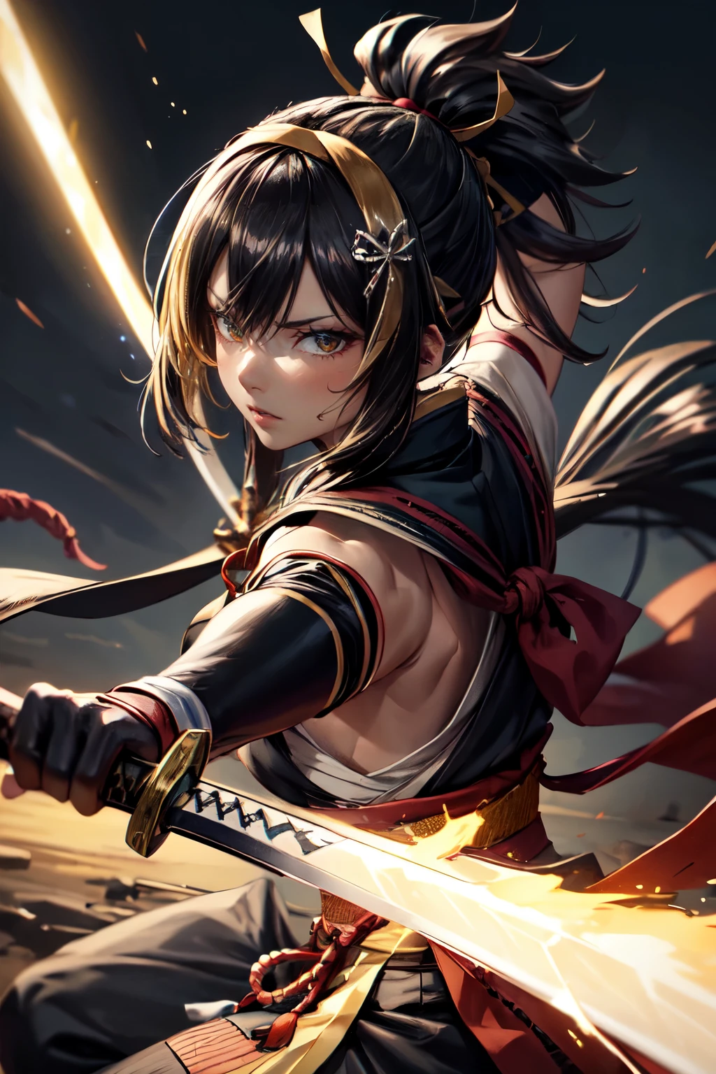 One girl, samurai,Japanese sword,anime,Anatomically correct, A series of character actions, ninja,ponytail, masterpiece, Textured skin, Action Painting, Heavy makeup, Brown Skin,Perfect Face,Perfect Eyes,Hairbands,Overpowering the enemy,Glowing Sword,Powerful Blow,