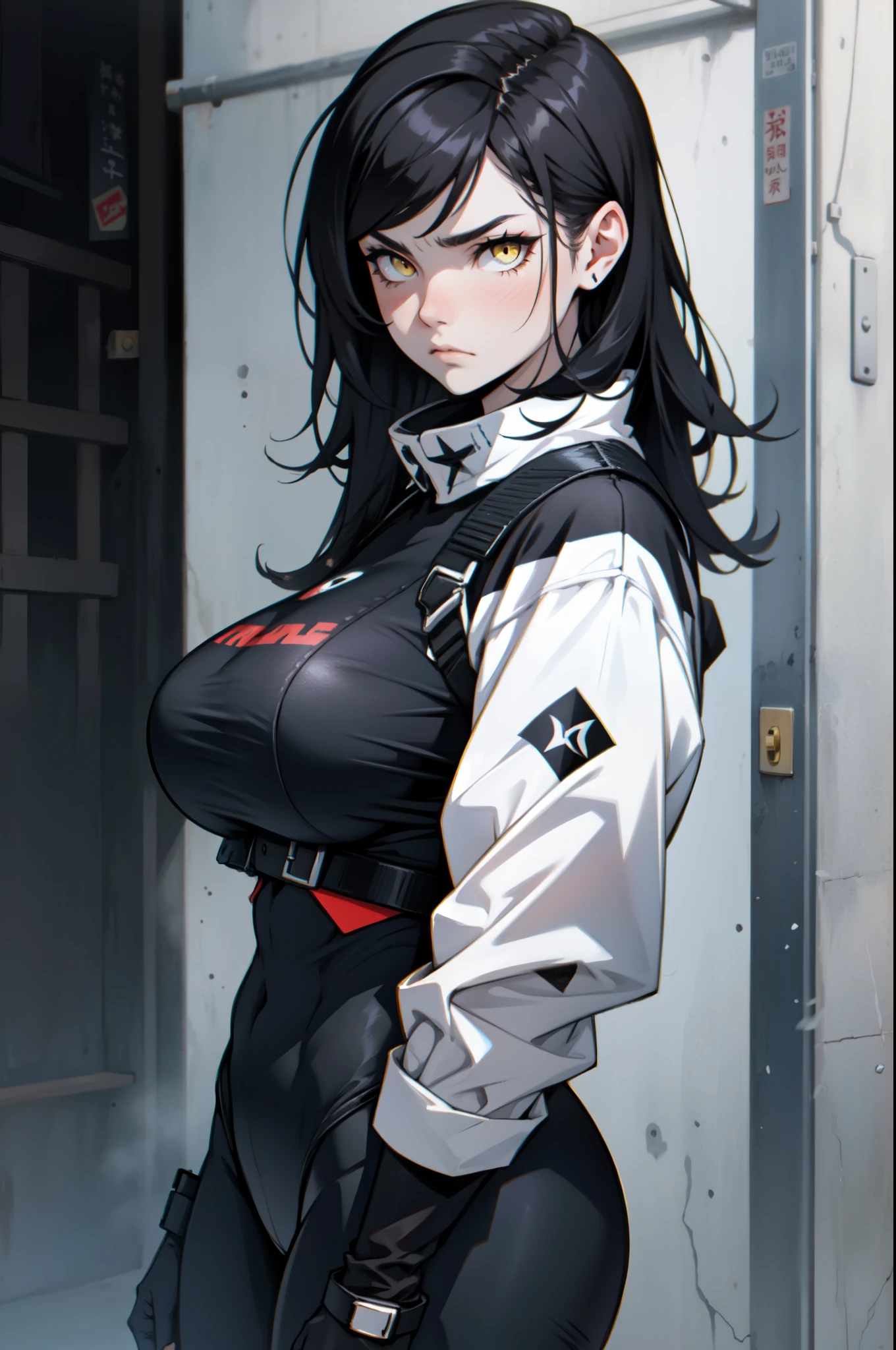 sad pale muscular girl massive breasts hair black hair yellow eyes extremely long hair 
