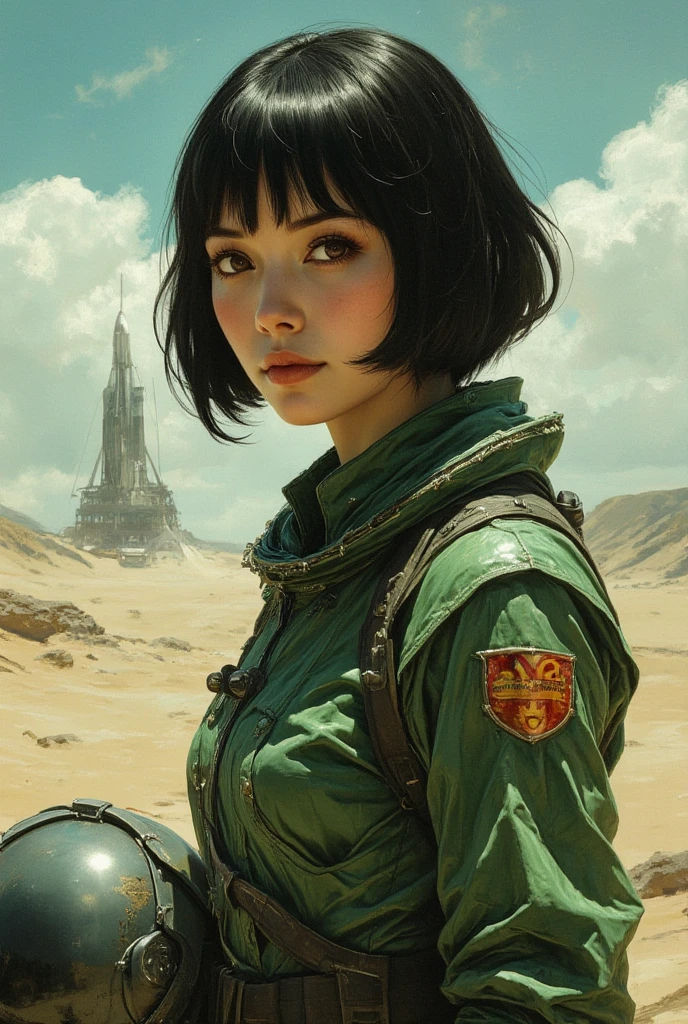 ArsMJStyle, dnddarkestfantasy, a short Asian woman, short black black hair, straight bangs, brown eyes, she wears a green retro spacesuit, her helmet under her arm, she looks into the distance, a determined look on her face. A rocketship on launchpad is in the background