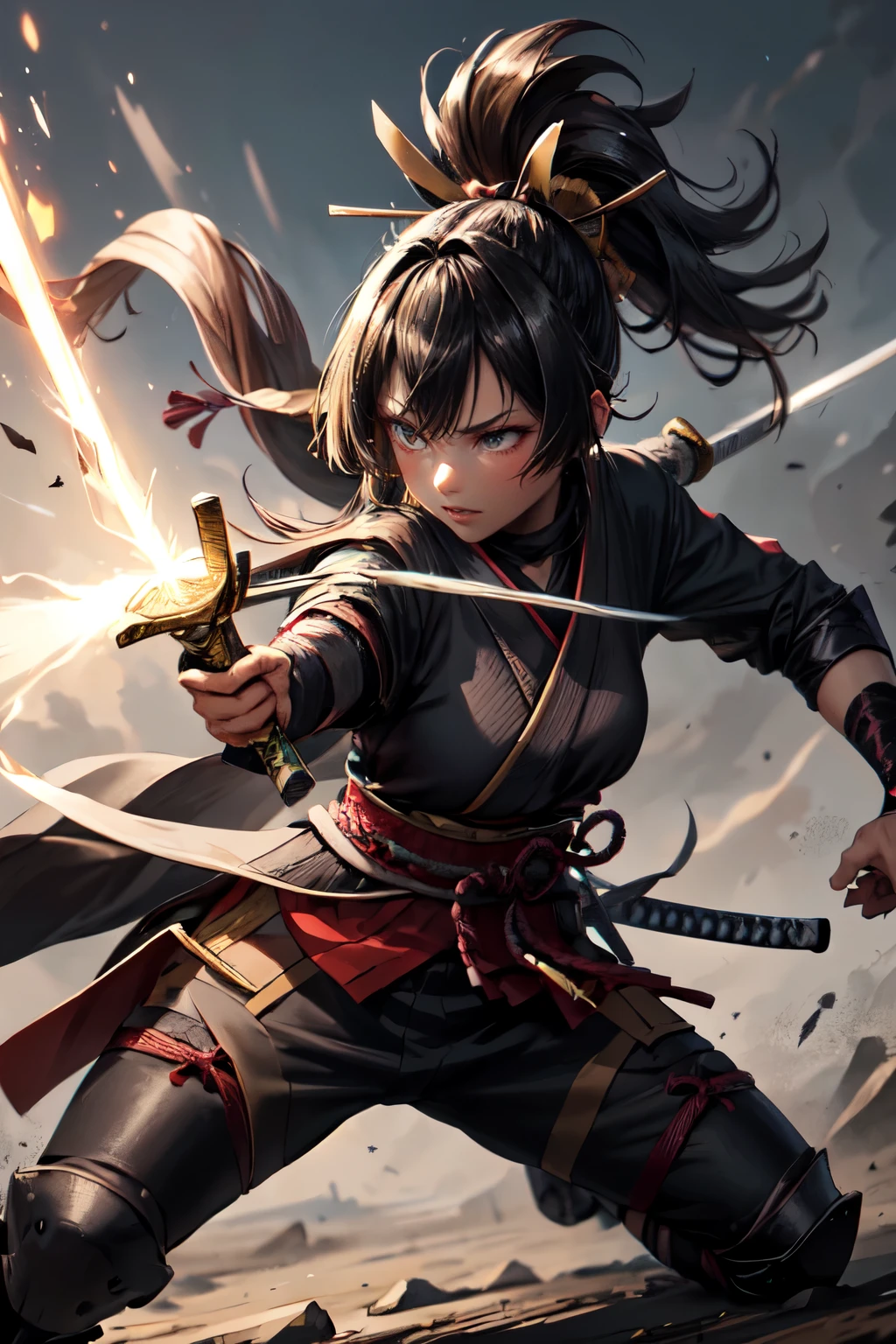 One girl, samurai,Japanese sword,anime,Anatomically correct, A series of character actions, ninja,ponytail, masterpiece, Textured skin, Action Painting, Heavy makeup, Brown Skin,Perfect Face,Perfect Eyes,Hairbands,Overpowering the enemy,Glowing Sword,Powerful Blow,