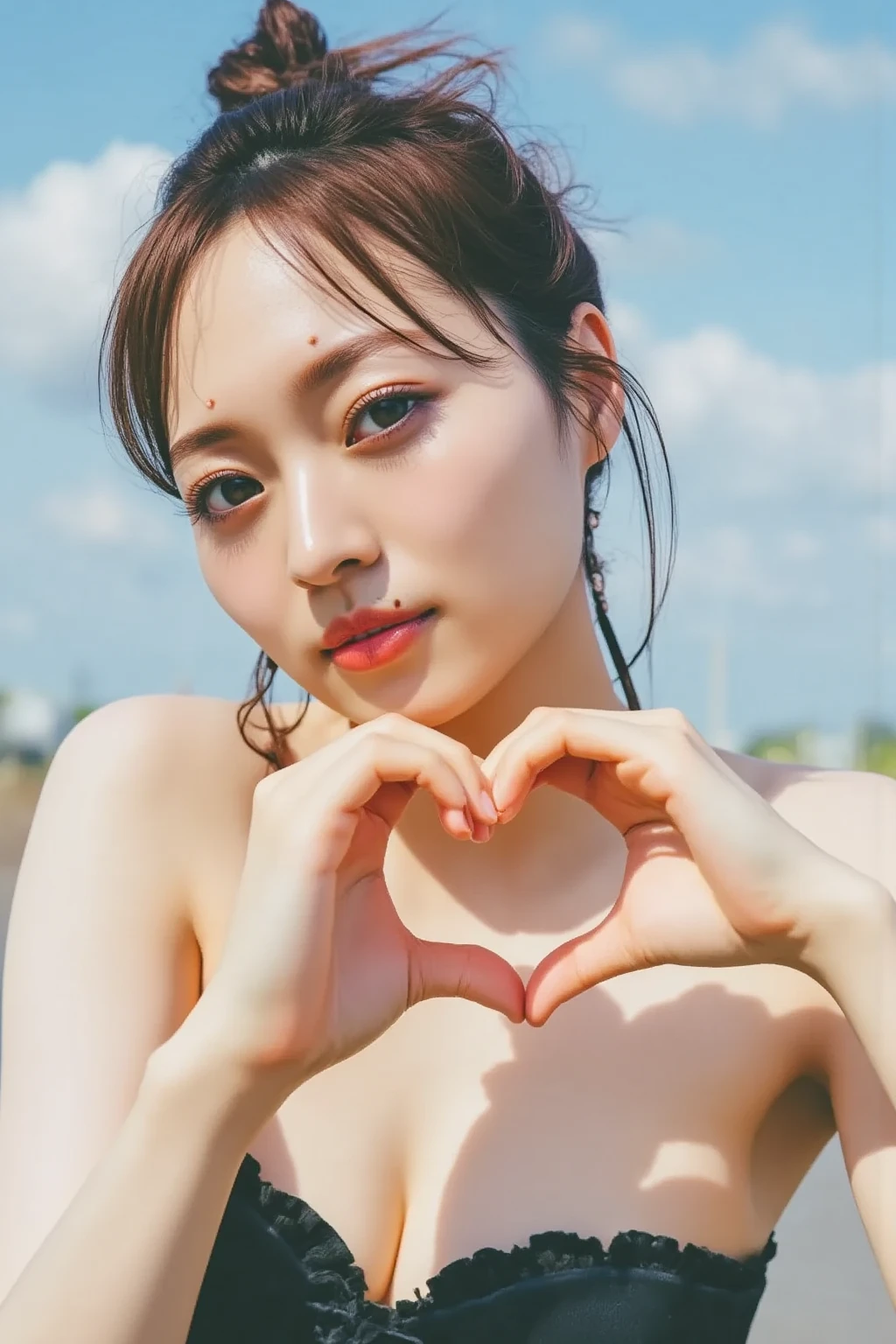     (( The background is a bright blue sky with a soft blur effect {x} staring at the camera with a slightly shy expression {x} posing with both hands making a firm big heart shape and holding it in front of her chest)), Smile、Tilt your face slightly to the right、 (Ultra Precise Human Body Structure   ,   best quality 、RAW Photos、8k、32K、masterpiece、Realistic、Realistic:1.37)、Cute Japanese women images、Thin fabric camisole、Photographed in natural light、   upper body、  1 girl、Photo Mapping、   physically-based rendering   、Excellent image quality、  Kampala 、1080P、(Beautiful Face)、(Detailed description of the face)、((Detailed CG)、Rich details、(Detailed eyes)、 Delicate clavicle、非常にリアルで詳細な若い女性   upper bodyポートレート、Beautiful skin、  Soft light is reflected in the high part of the cheek 、   small pores and hair follicles  、   even the smallest blood vessels are visible、The skin is smooth、Natural flushing of the cheeks、Healthy glow、  The eyes are large and clear blue、  The iris has fine patterning、  with light reflecting and shining in the eyes 、  There is a slight shadow under the eye、  with long, naturally curly lashes 、 her lips are soft pink 、  smooth texture and natural shine 、   The background is a pale monochrome gradient 、The focus is completely on the face 、Realistic shadows and textures、 photographic depiction 
