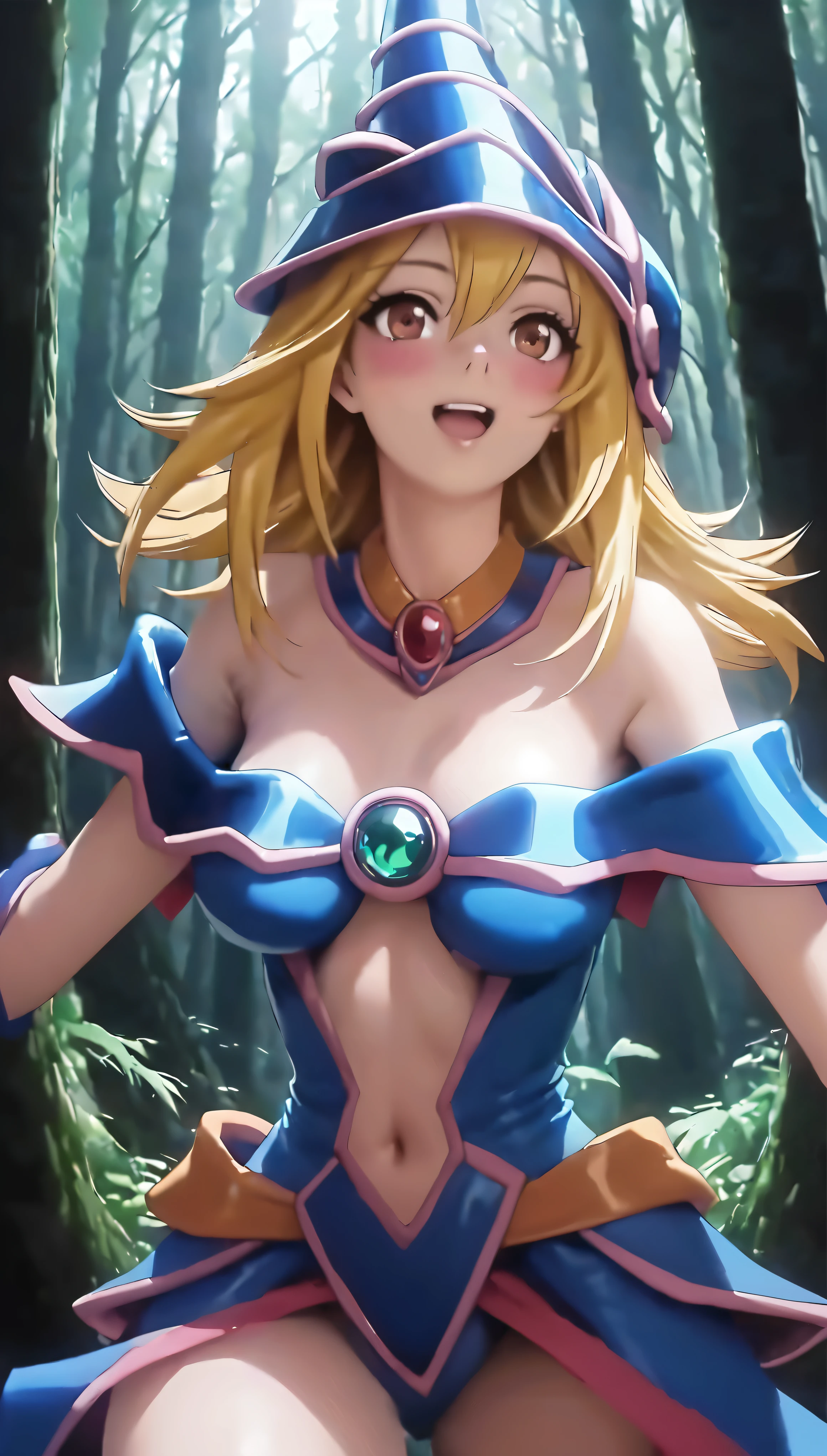 Dark Magician Girl NSFW, Glass Covered, Upper Body, Side Shot, Alternate Color, Masterpiece, Detailed Illustration, Realistic, Pixiv Top Quality, Exquisite, {{{Cute Dark Magician Girl 1}}}, Super Beauty Merging with machine, crafted shabby chic pattern, beautiful and shiny woman, half of my body is made of machine, transparent glass body, the machine inside is transparent, cinematic lighting, dynamic angle, dynamic pose, land of dragons, depth of field. Magic macaw at the bottom. Magic hearts showing your VOLUPTUOUS body, medium TITS, BEAUTIFUL, SENSUAL, BLUSHING from head to toe, WALK THROUGH a forest looking for adventure, smile sexy, blonde hair INTERACTING WITH green neon MAGIC
