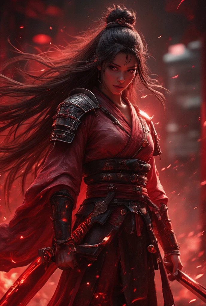 samurai girl wearing a kimono with shoulder armor, she's holding a katana glowing with red energy, her long hair is flowing in the wind, she stands in a dojo training for her next battle. (maximum ultra high definition image quality and rendering:3), maximum image detail, maximum realistic render, (((ultra realist style))), realist side lighting, , 8K high definition, realist soft lighting, (amazing special effect:3.5). S1n0z1ck style, mythp0rt, samurai