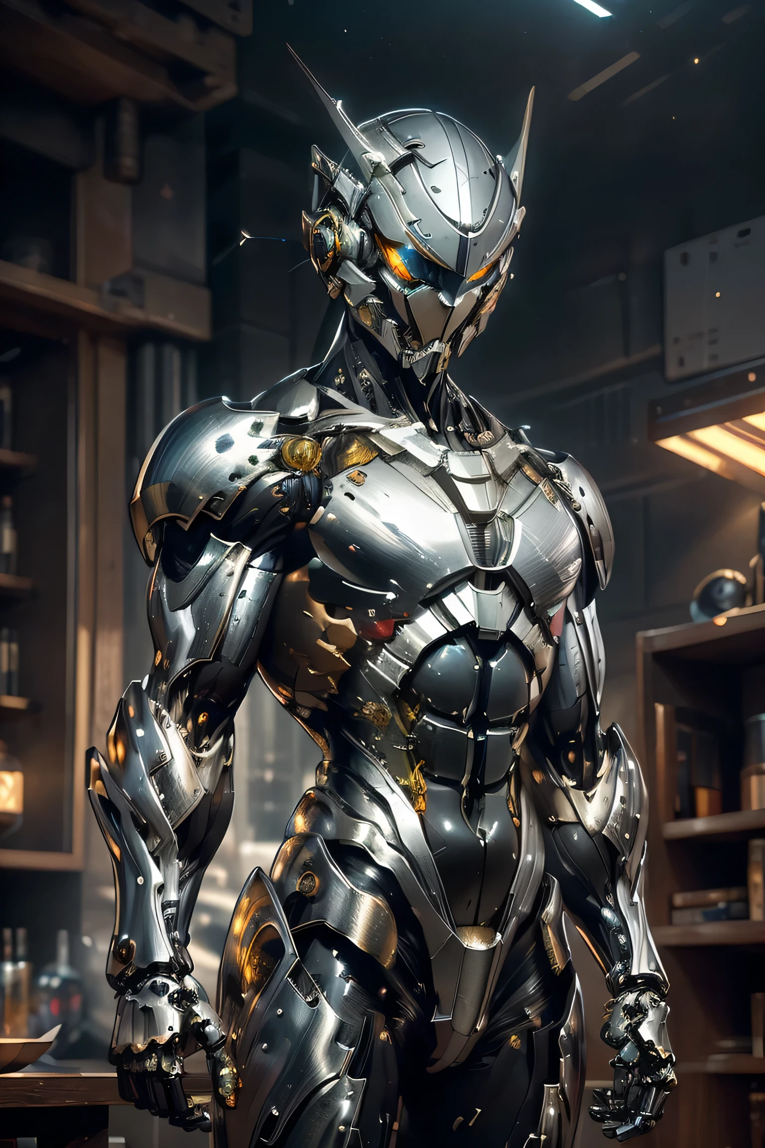 ((running towards viewer , dynamic pose)), (metallic: 1.5, silver and black suit: 1.5), (Japanese hero, whole body), (mech bodysuit with swords: 1.5), ((thunders: 1.5)), My eyes are shining brightly, Suit parts are large , Lots of LEDs, ( helmet with sharp antennae), Unreal Engine 5, High image quality, best quality , Kampala, Super detailed, Fine painting, Extremely delicate, professional, anatomically accurate, creativity, RAW Photos, 超 Kampala, 32K, Natural Light, Cinema Lighting, masterpiece-anatomy-perfect, masterpiece:1.5, ( portrait), (action pose), ((was a mecha))