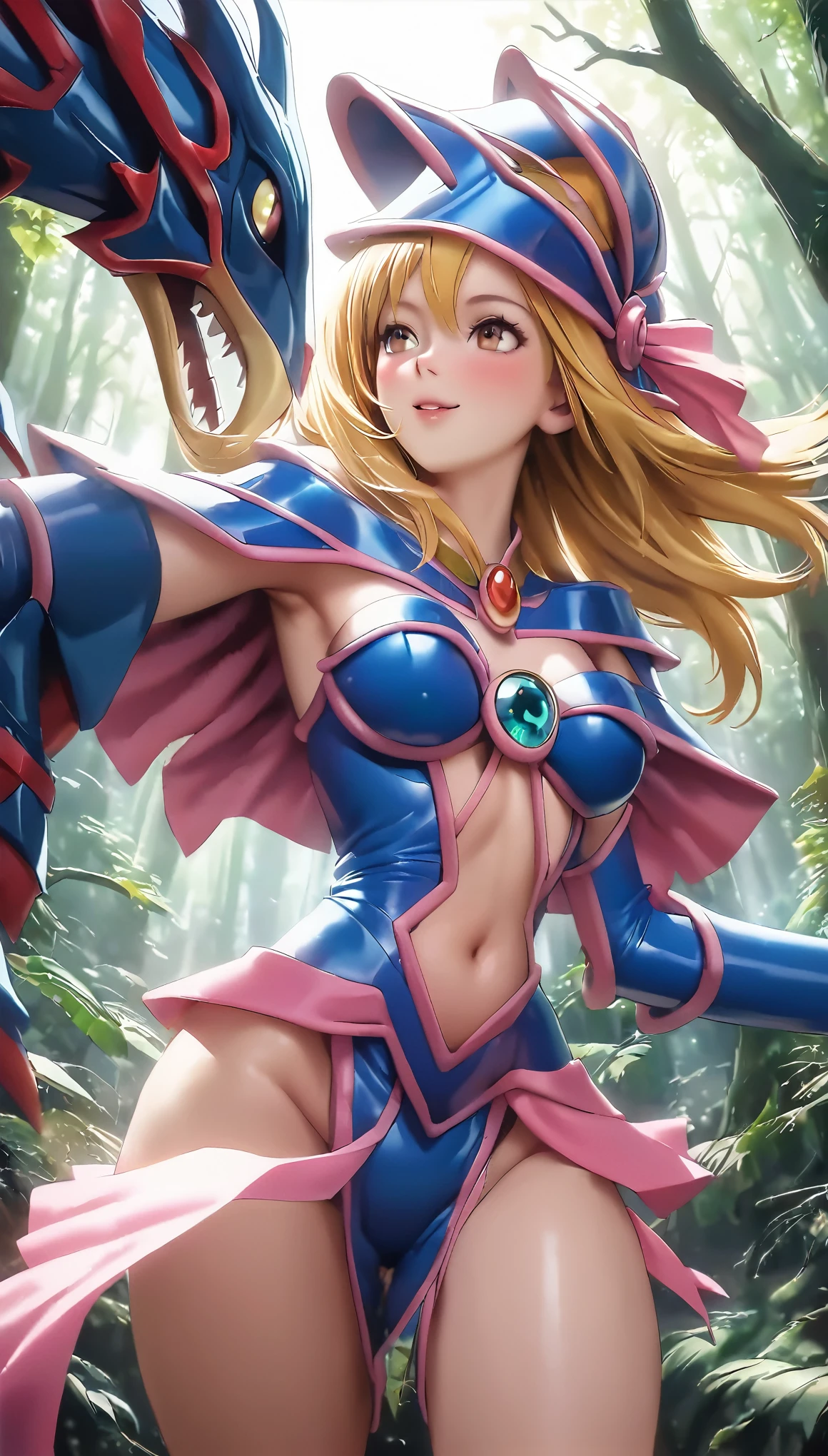 Dark Magician Girl NSFW, Glass Covered, Upper Body, Side Shot, Alternate Color, Masterpiece, Detailed Illustration, Realistic, Pixiv Top Quality, Exquisite, {{{Cute Dark Magician Girl 1}}}, Super Beauty Merging with machine, crafted shabby chic pattern, beautiful and shiny woman, half of my body is made of machine, transparent glass body, the machine inside is transparent, cinematic lighting, dynamic angle, dynamic pose, land of dragons, depth of field. Magic macaw at the bottom. Magic hearts showing your VOLUPTUOUS body, medium TITS, BEAUTIFUL, SENSUAL, BLUSHING from head to toe, WALK THROUGH a forest looking for adventure, smile sexy, blonde hair INTERACTING WITH green neon MAGIC
