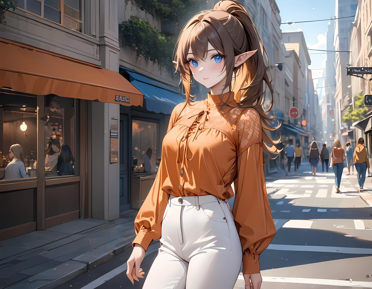 (((Best quality, 8k, Masterpiece: 1.3)), ((best quality)), ((masterpiece)), (detailed), perfect face, high detailed fingers, long ponytail, brown hair, blue eyes, ((orange Lace-up blouse)), long sleeves, shirt, top, ladies, adult, casual, elf, white slacks, city, street, Downtown