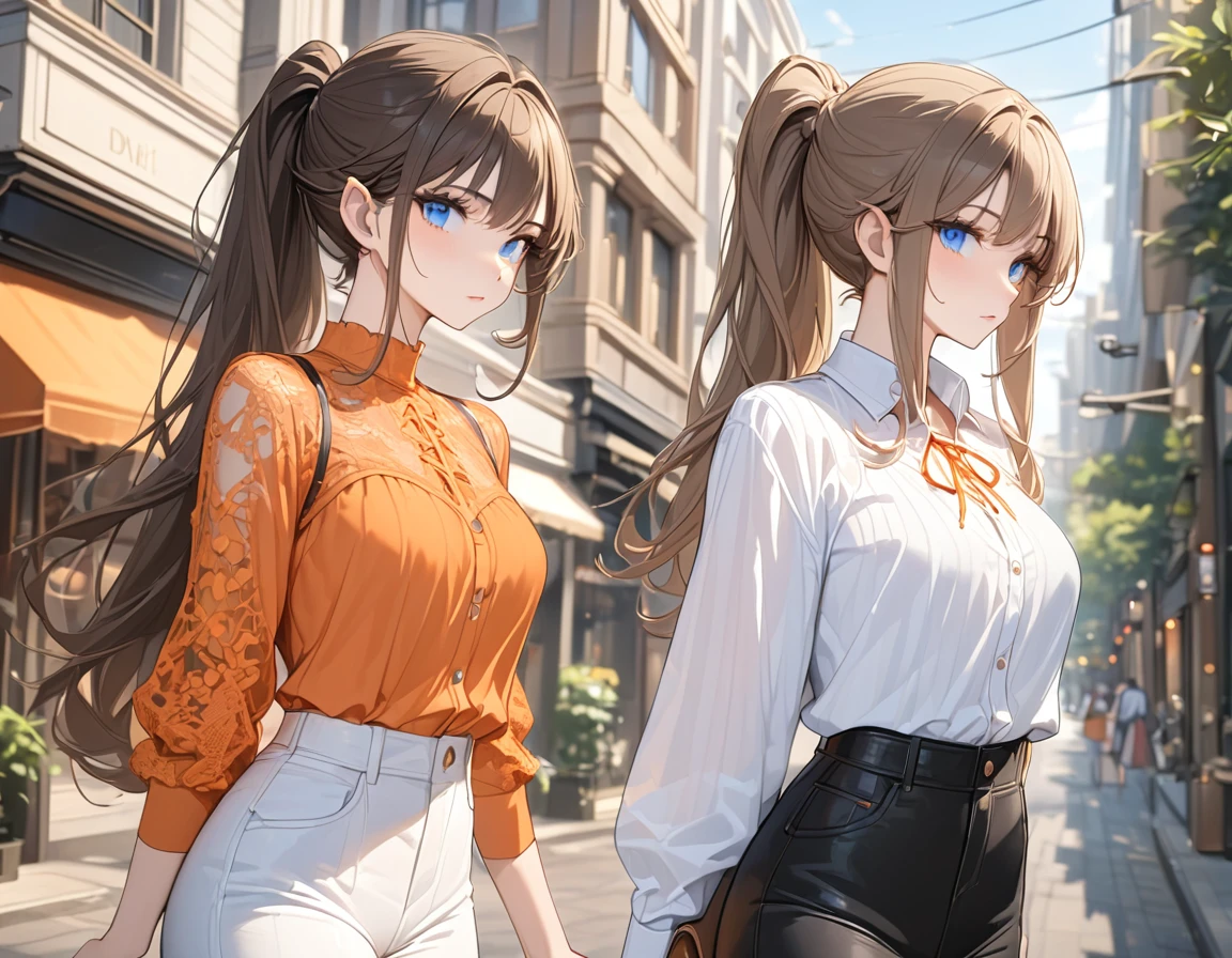 (((Best quality, 8k, Masterpiece: 1.3)), ((best quality)), ((masterpiece)), (detailed), perfect face, high detailed fingers, long ponytail, brown hair, blue eyes, ((orange Lace-up blouse)), long sleeves, shirt, top, ladies, adult, casual, elf, white slacks, city, street, Downtown