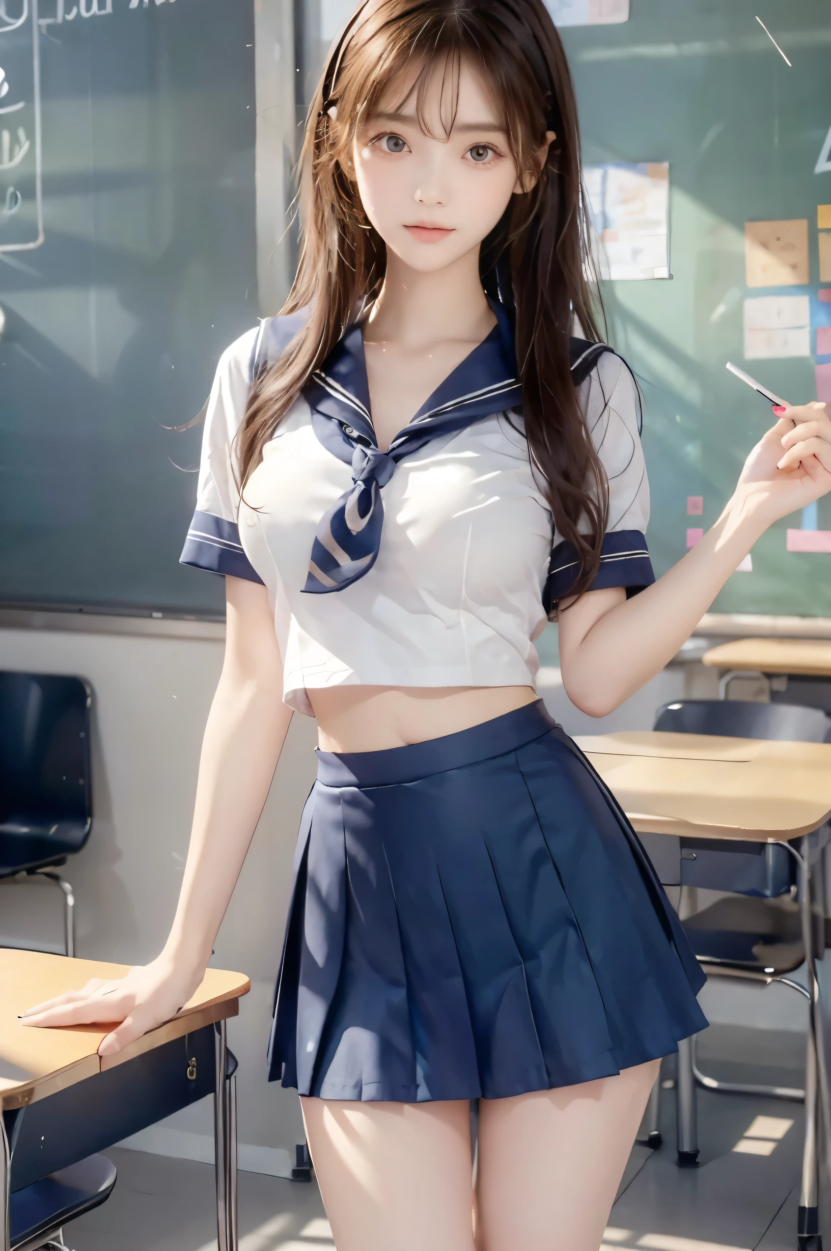 ( super high image quality ), ( looking over here), (Short-sleeved sailor uniform,  navy blue mini skirt), Big Breasts, Super beautiful breasts, Slender, (Thin legs:1.2), (Thin thighs:1.2), (Thin Hips:1.4), (Beautiful Skin,  shiny skin,  white skin), (Super slim face, Super beautiful face, No makeup, Smile:0.6), (Light Brown Hair,  semi-long, Layered Cut, Fluffy hair), (Big eyes:1.3, High corners of the eyes:1.6, double eyelid), (Thin eyebrows:0.1), (Small Nose:0.6), (Thin lips:0.6), Beautiful Hands, Empty-handed,  standing, School classroom