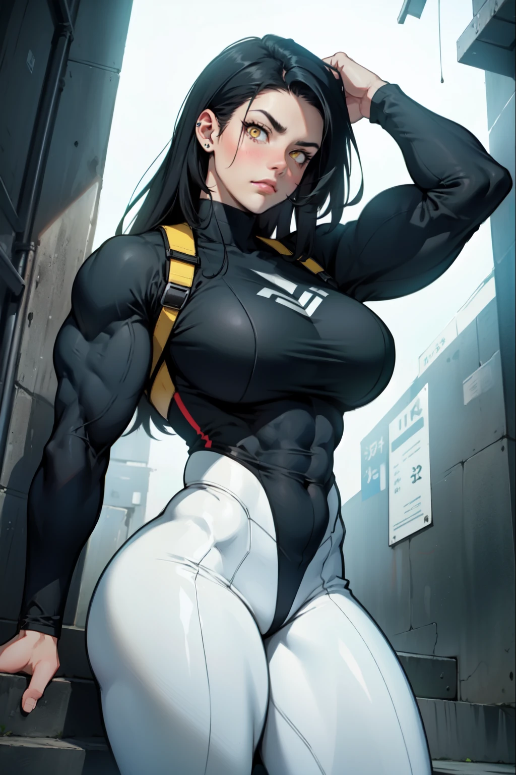 sad girl huge muscles black hair yellow eyes pale skin skintight