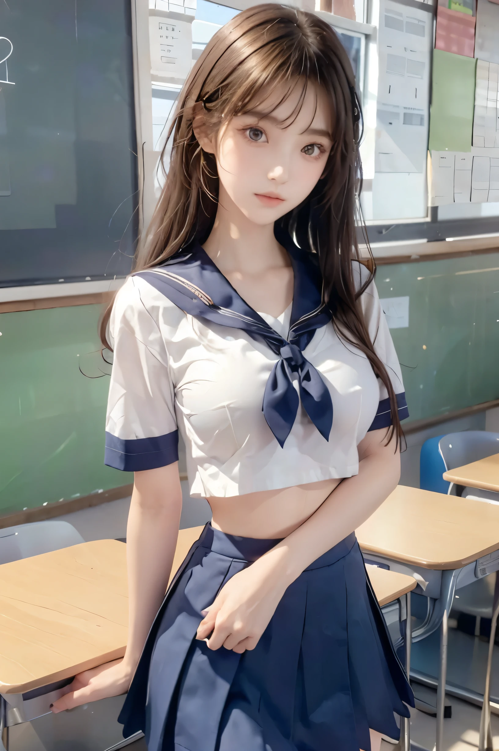 ( super high image quality ), ( looking over here), (Short-sleeved sailor uniform,  navy blue mini skirt), Big Breasts, Super beautiful breasts, Slender, (Thin legs:1.2), (Thin thighs:1.2), (Thin Hips:1.4), (Beautiful Skin,  shiny skin,  white skin), (Super slim face, Super beautiful face, No makeup, Smile:0.6), (Light Brown Hair,  semi-long, Layered Cut, Fluffy hair), (Big eyes:1.3, High corners of the eyes:1.6, double eyelid), (Thin eyebrows:0.1), (Small Nose:0.6), (Thin lips:0.6), Beautiful Hands, Empty-handed,  standing, School classroom