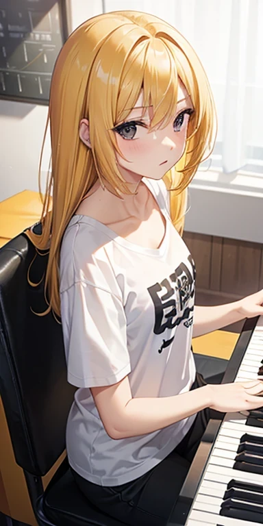 female, alone, chest, sexy, yellow hair , black eyes, High school student,  WHITE T-SHIRT , loose, Long hair, bangs, Keyboard, electronic piano, studio background