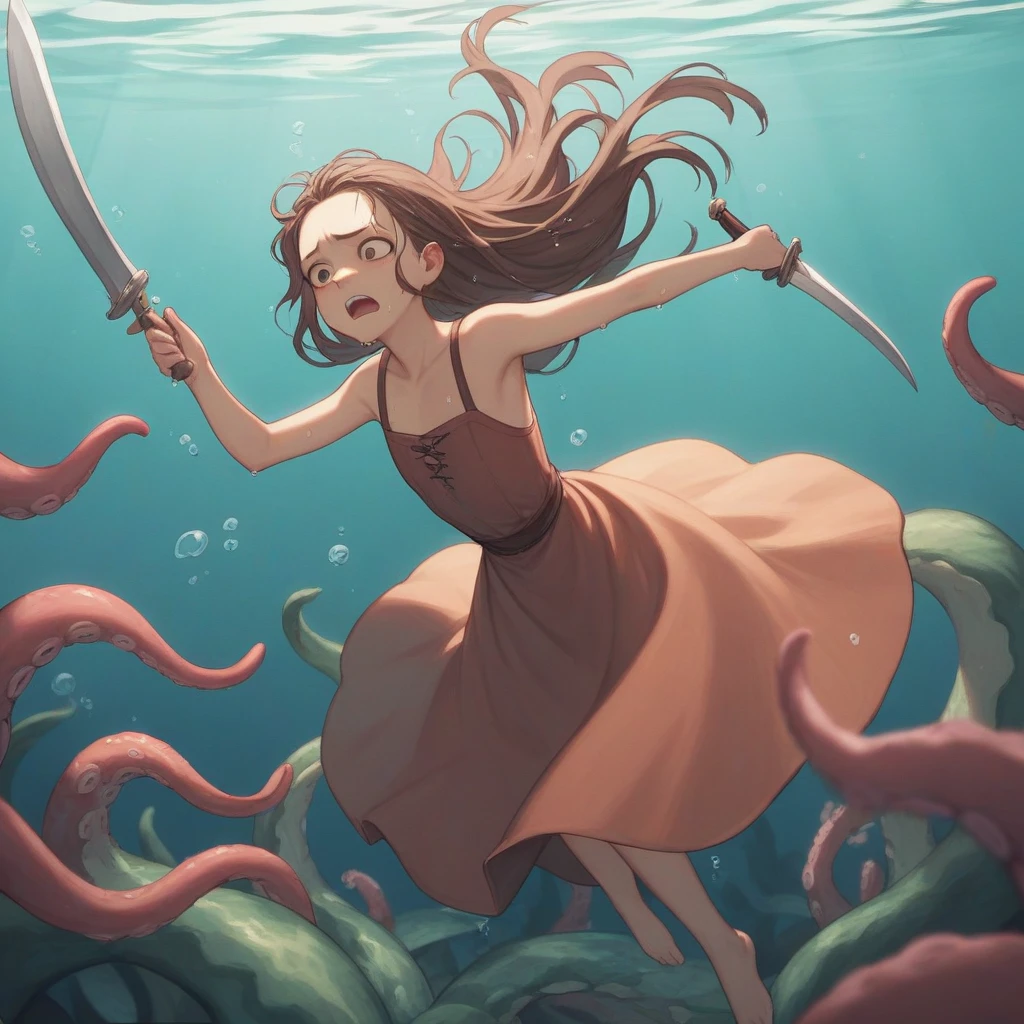 Partly underwater,最 high quality, high quality,,Long Hair,Brown Hair, wet hair, flat chest,Dark underground labyrinth,No light,  Medieval Dress , Equipped with a dagger and a shield,Underwater Photography,Buoyancy causes the leaves to curl ,Painful face, Tentacles are dragging my legs ,Being dragged into the water,Rampage,